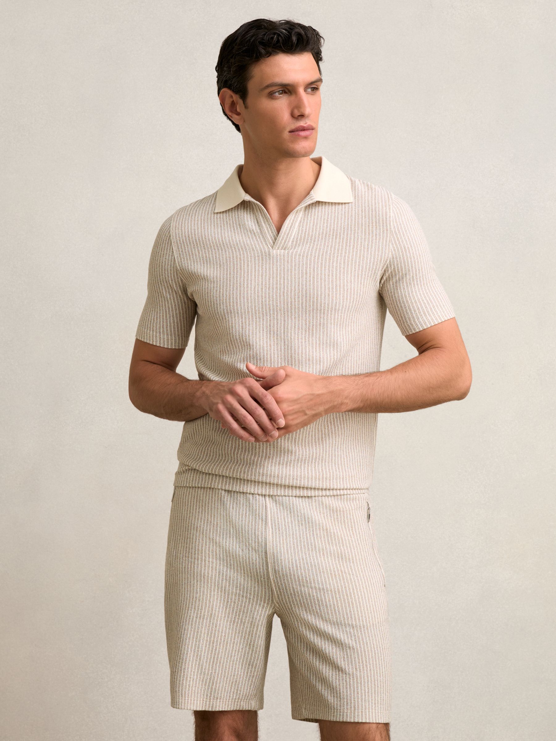 Cotton-Blend Stripe Drawstring Shorts in Ecru/Taupe Brown