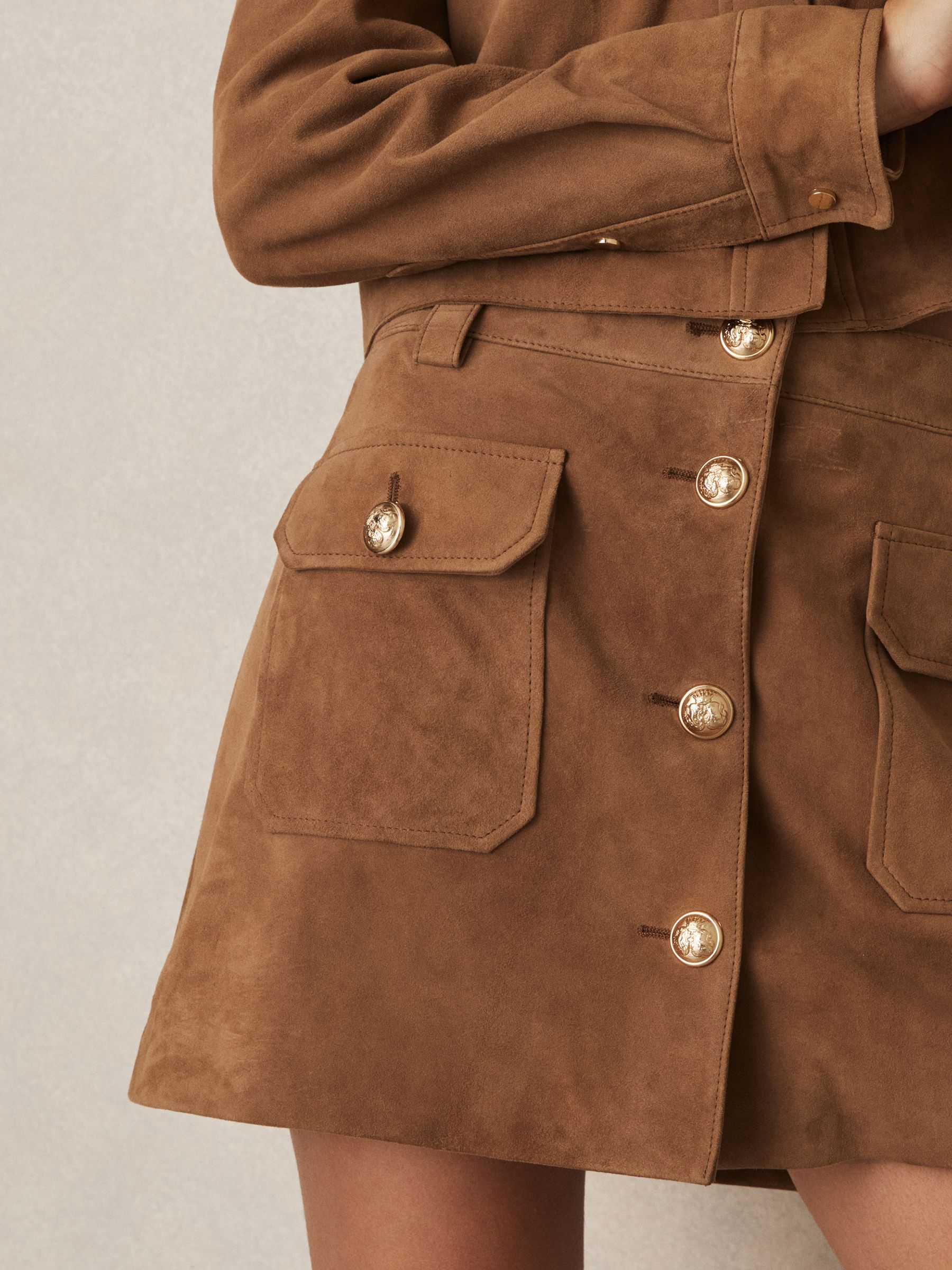 Suede Button-Through Mini Skirt in Tan