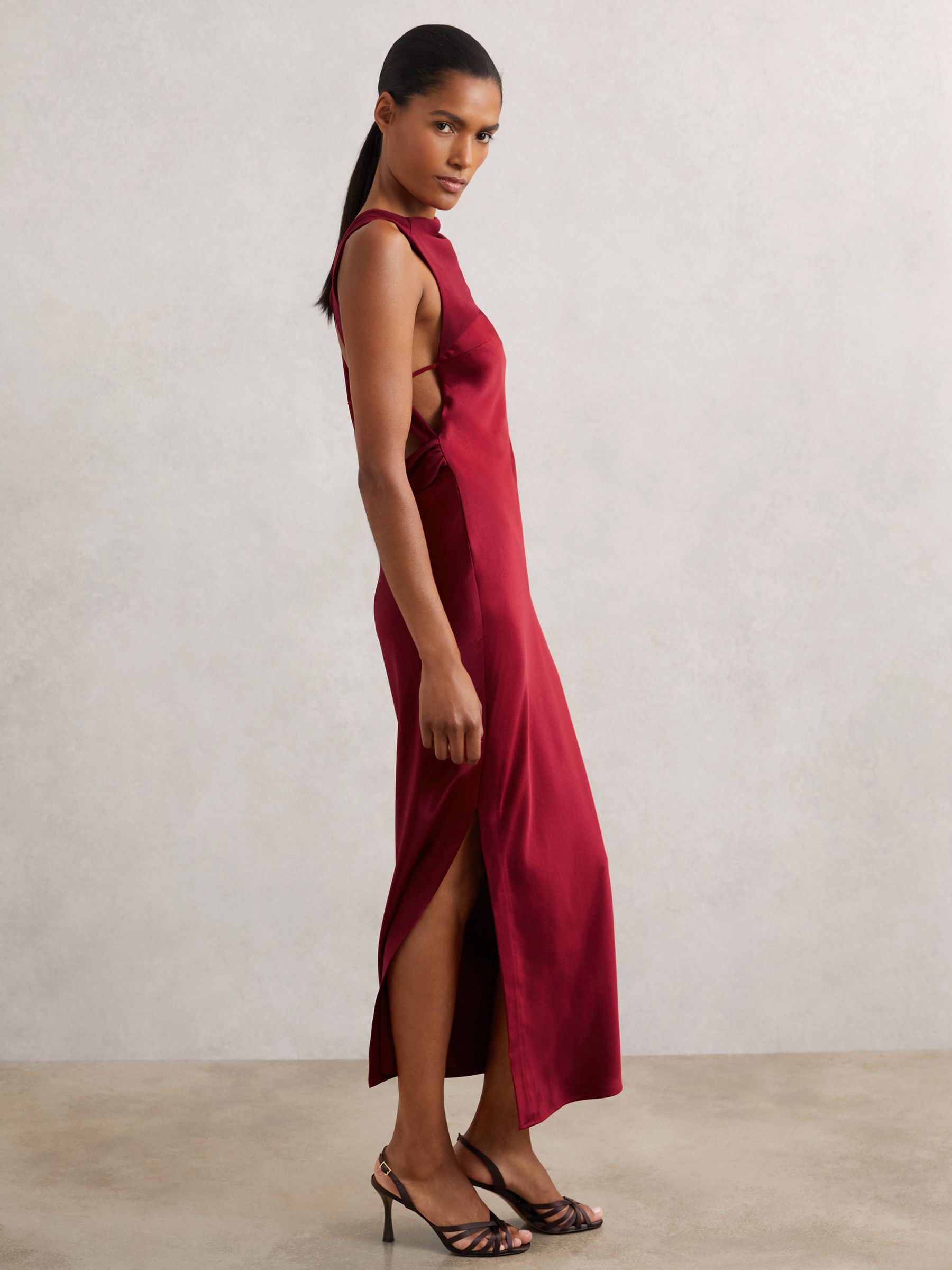 Satin Draped Open-Back Dress in Red