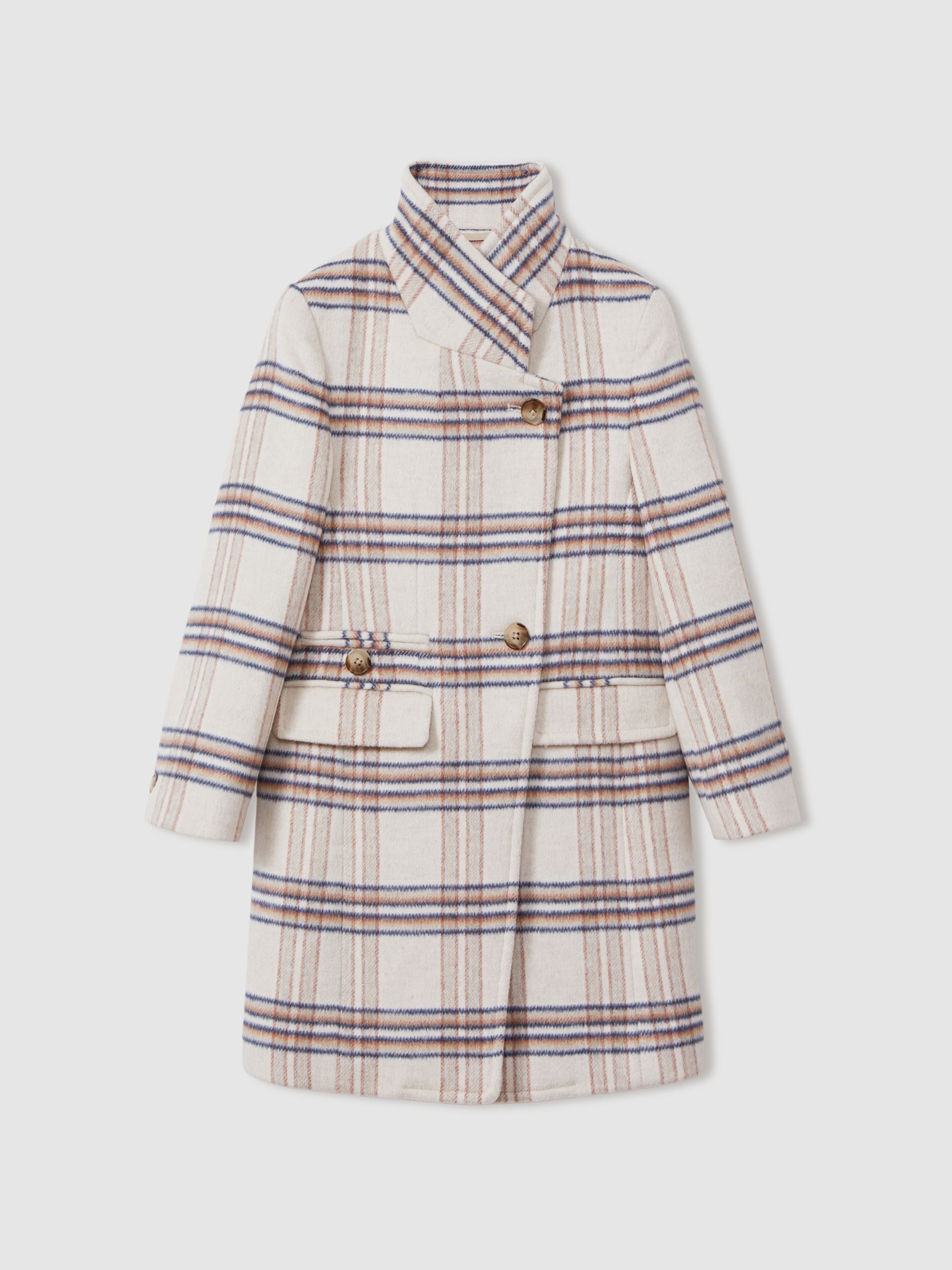9-13 yrs Wool Blend Checked Asymmetric Funnel Neck Coat in Brown