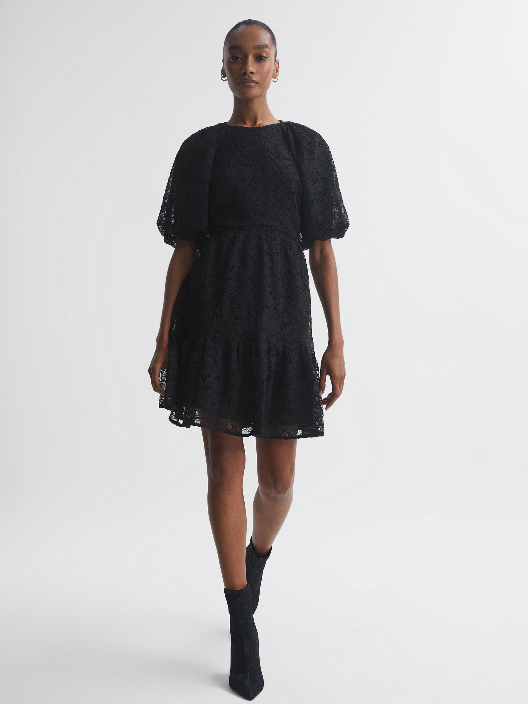 Florere Lace Puff Sleeve Mini Dress in Black
