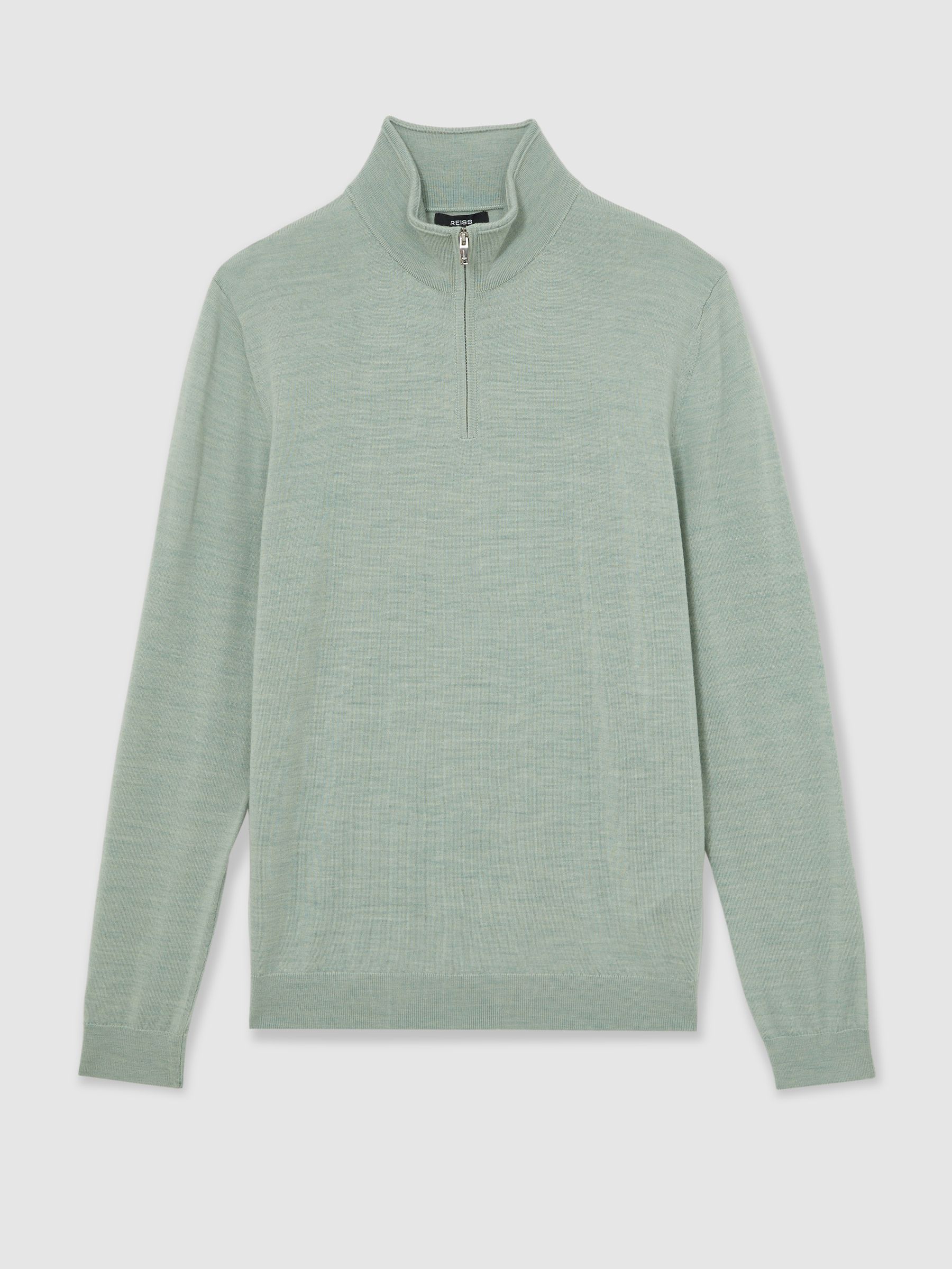 Merino Wool Half-Zip Funnel Neck Jumper in Sage Green Melange