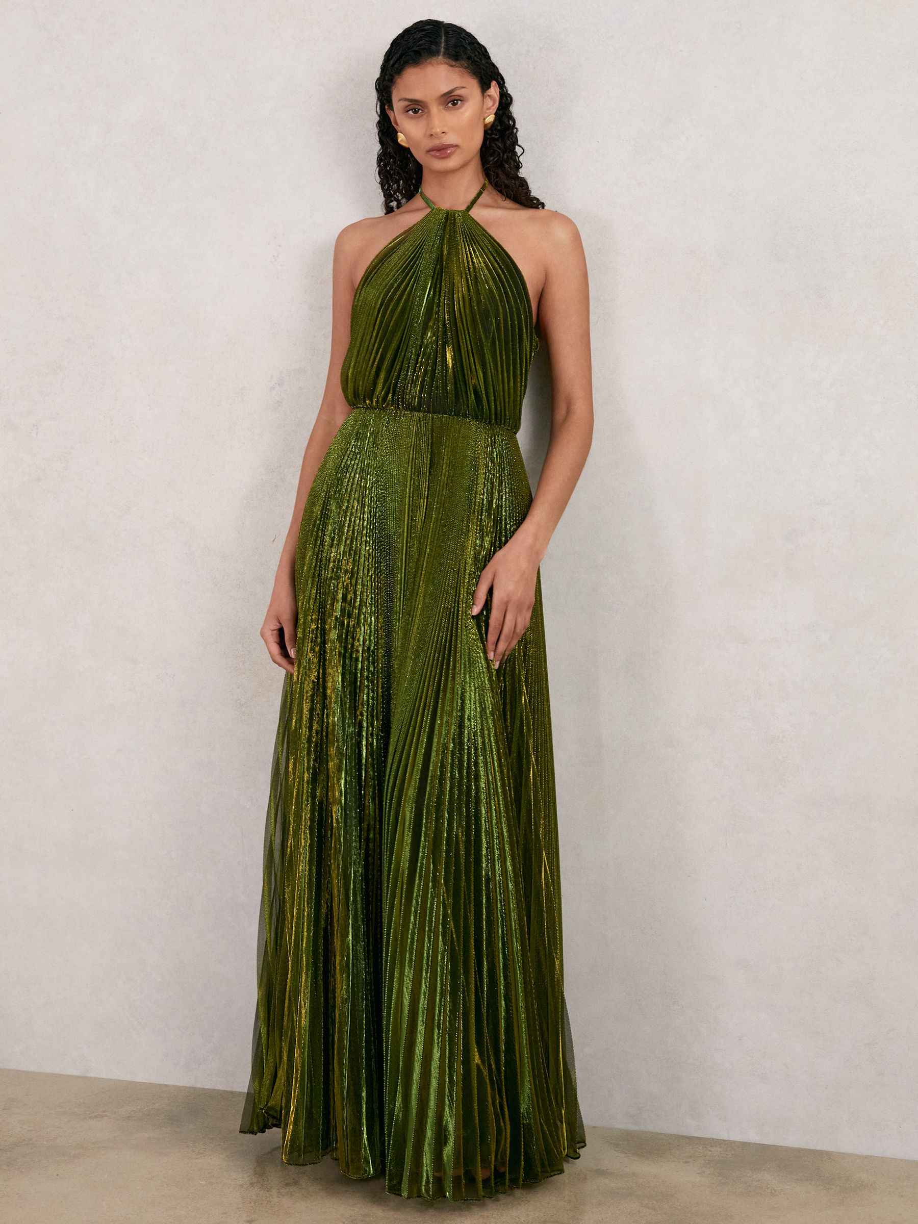 Halston Metallic Pleated Maxi Dress in Dark Olive Green