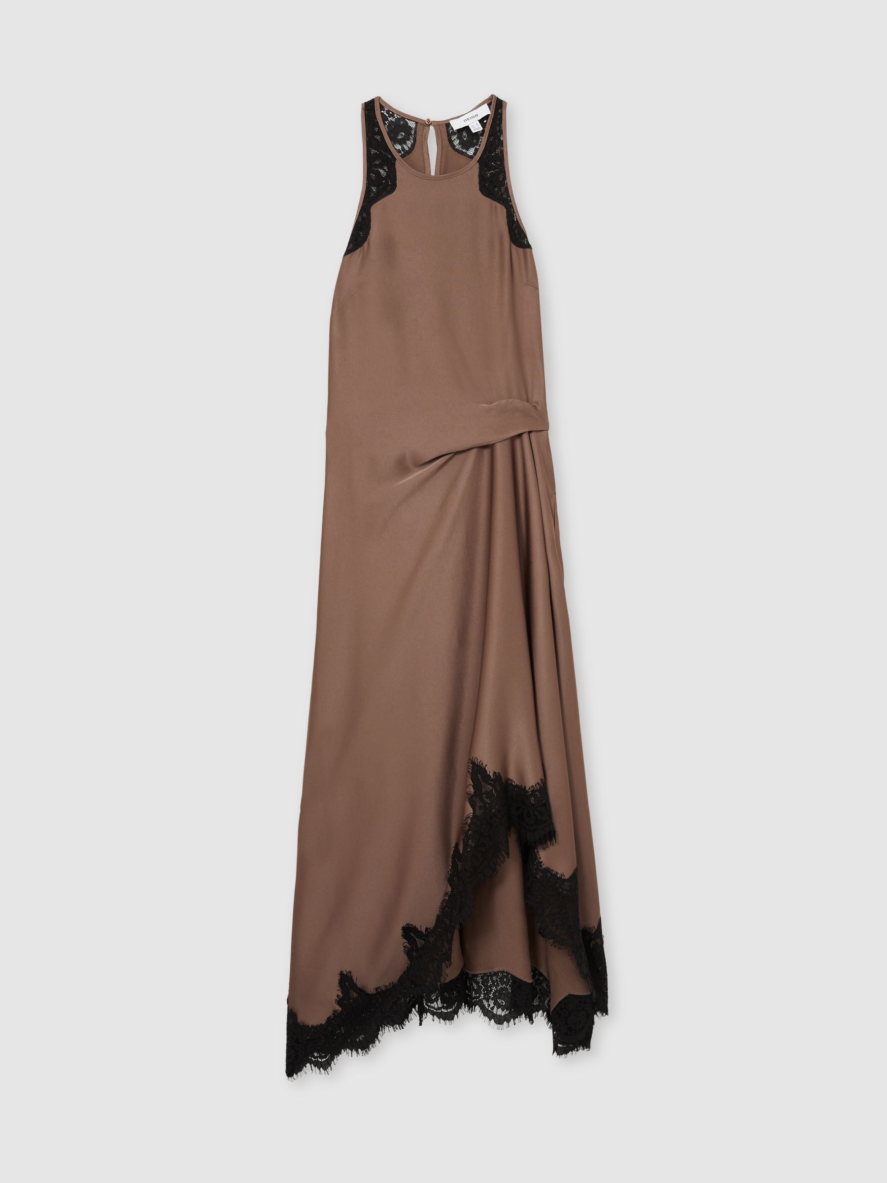 Satin Drape Lace-Trim Dress in Mocha Brown