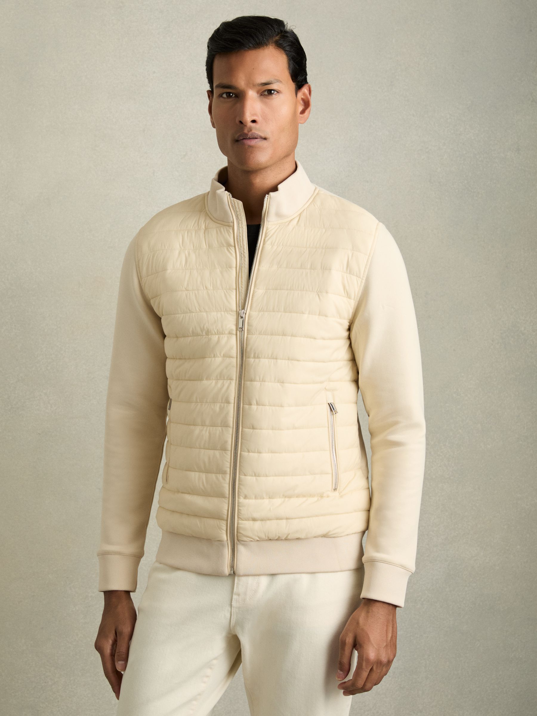 Hybrid Quilt and Knit Zip-Through Jacket in Light Stone