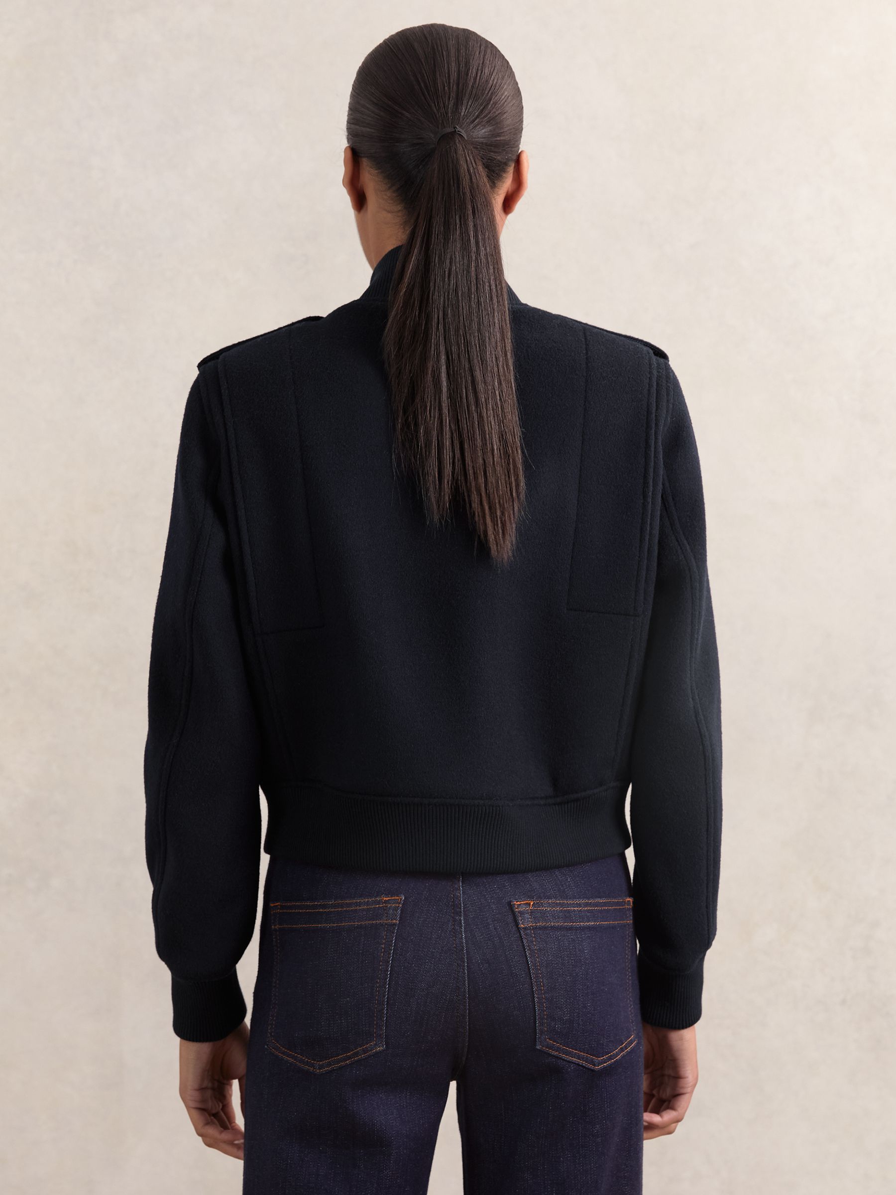 Brushed Wool Epaulette Bomber Jacket in Navy