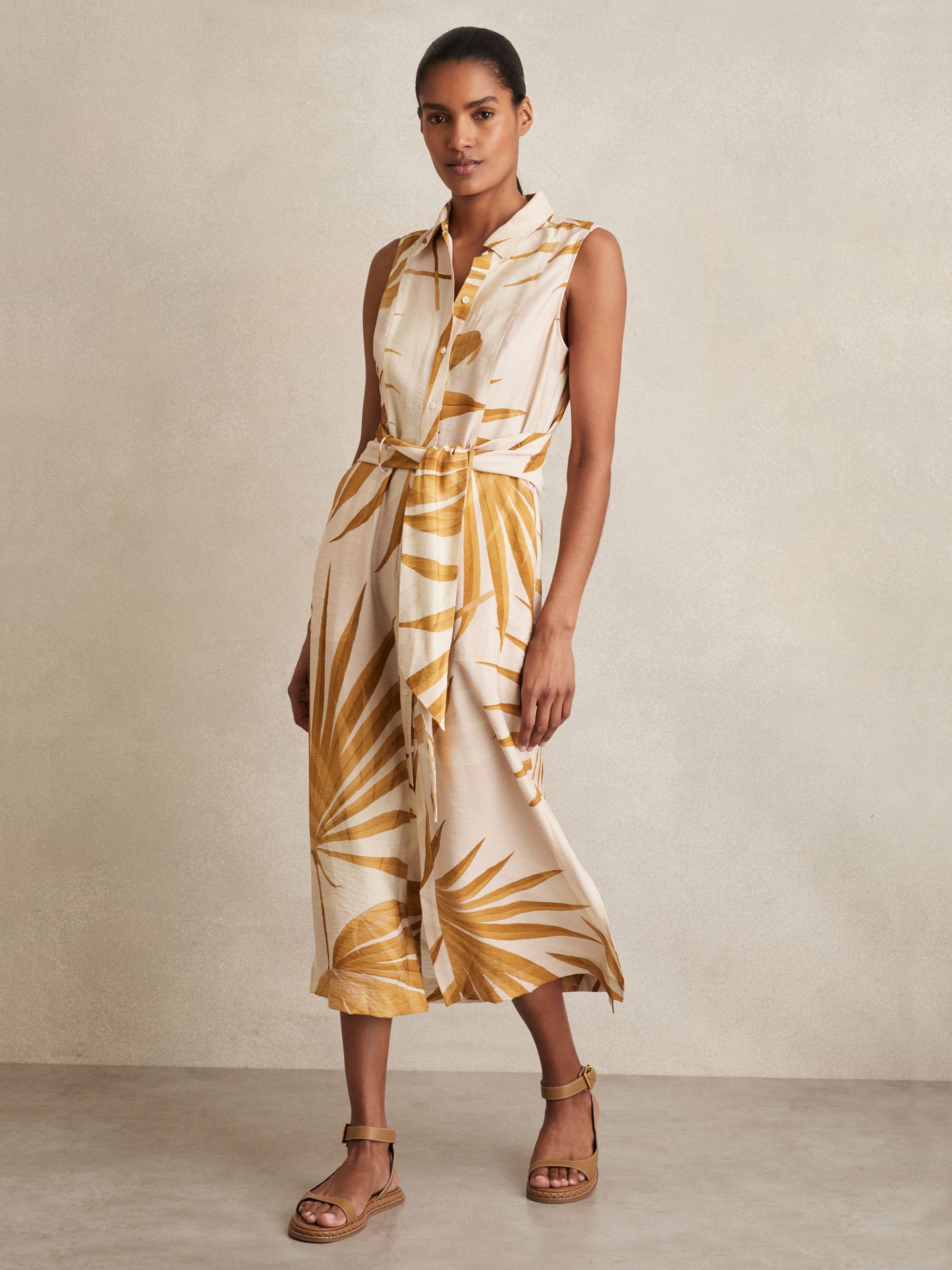 Palm-Print Sleeveless Shirt Dress in Neutral
