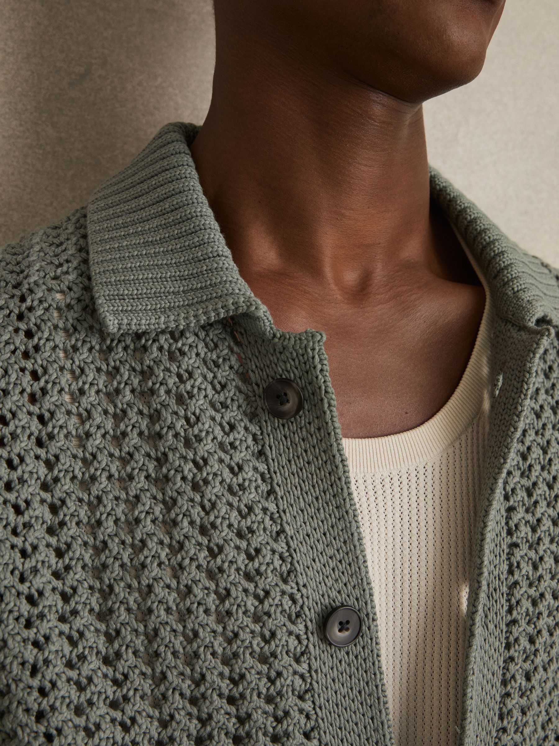 Crochet Button-Through Shirt in Sage Green