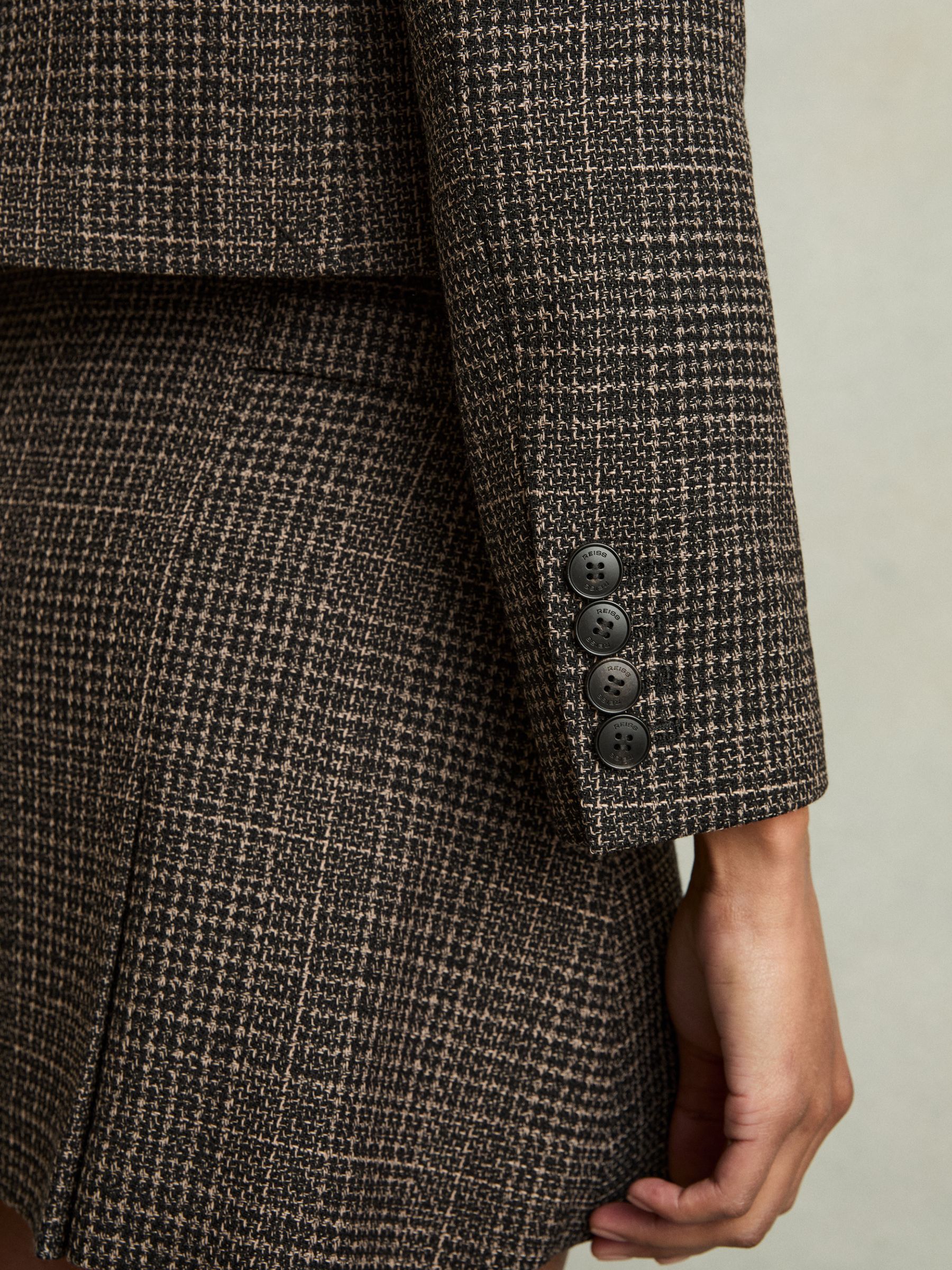 Double-Breasted Tweed Cropped Blazer in Brown Check