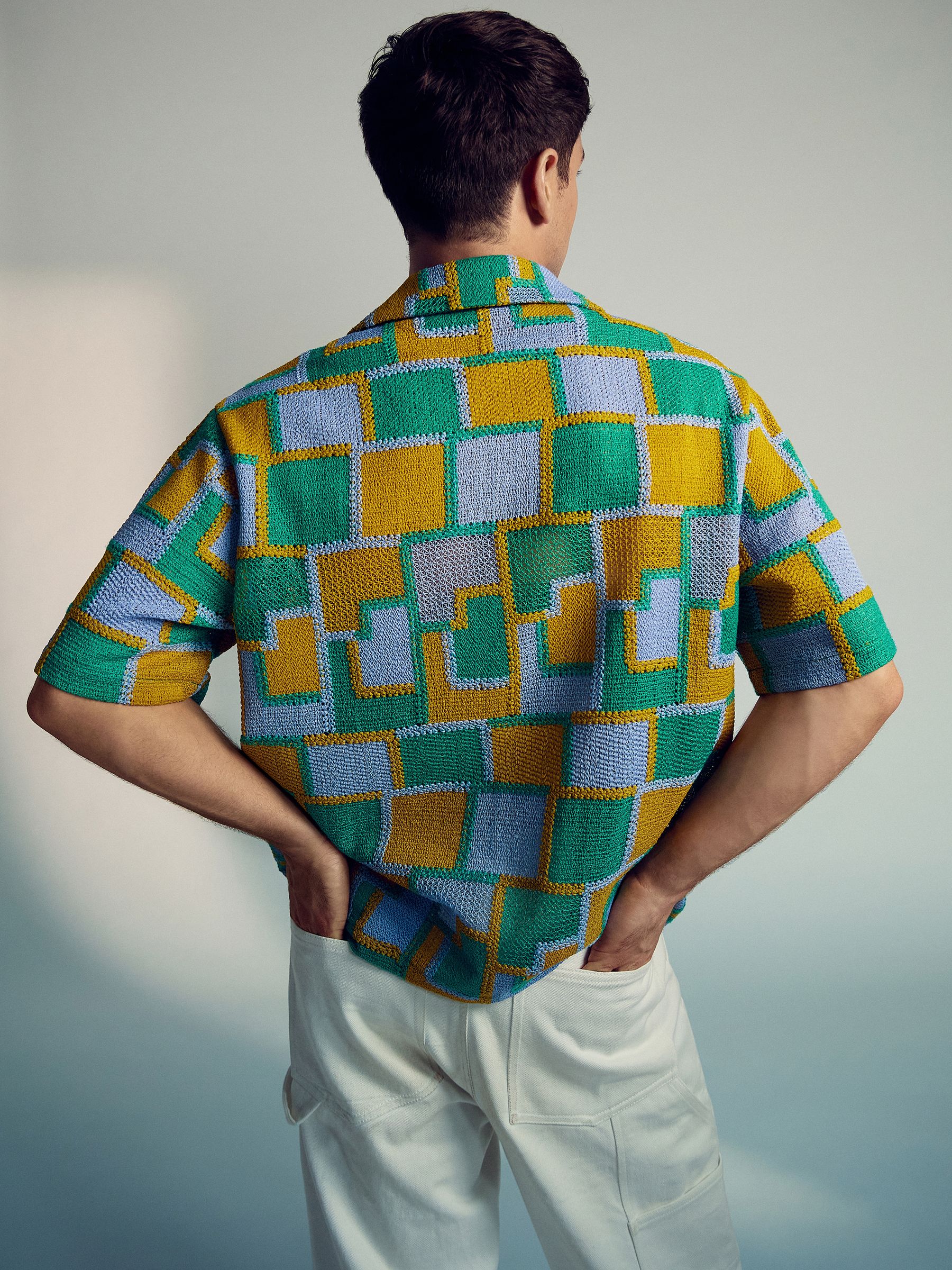 Reiss | Tom Daley Tile Crochet Shirt in Yellow/Green/Blue Multi