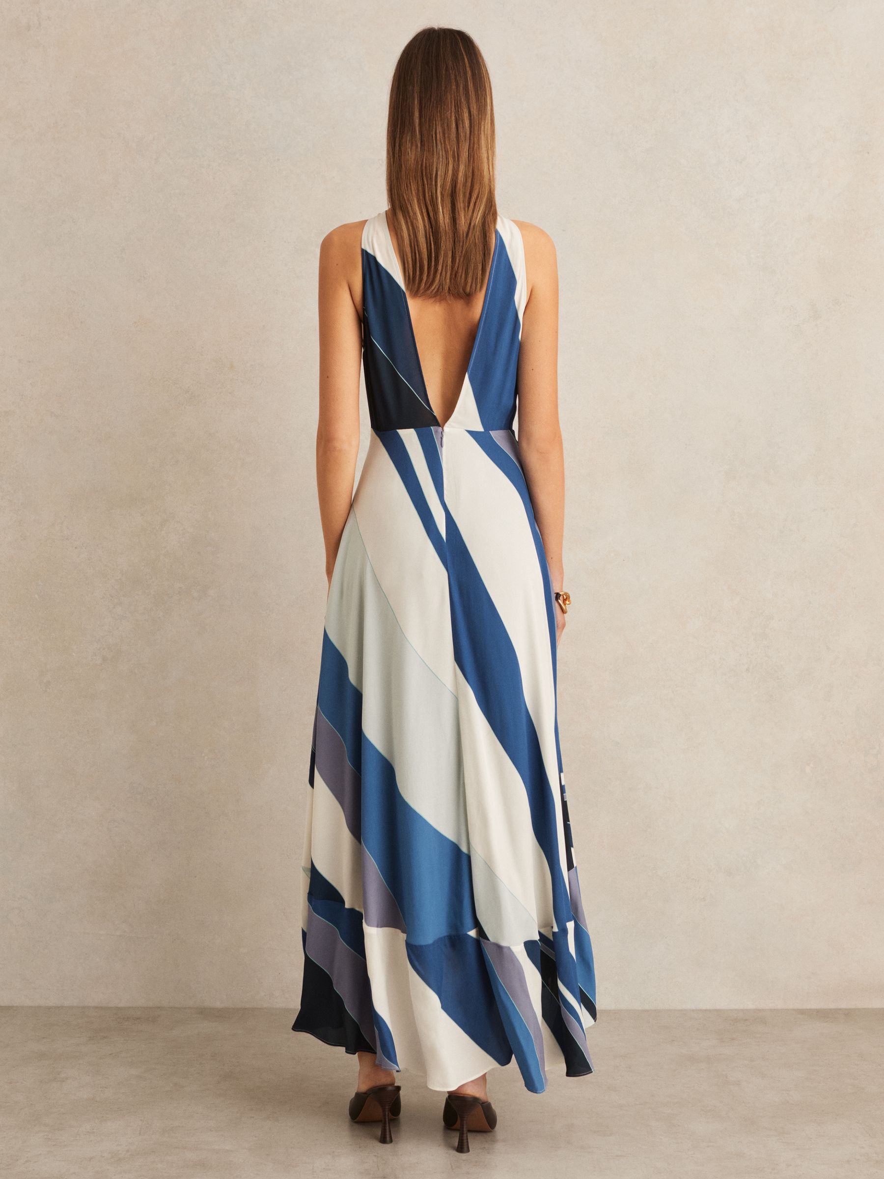 Stripe Print V-Back Midi Dress in Blue