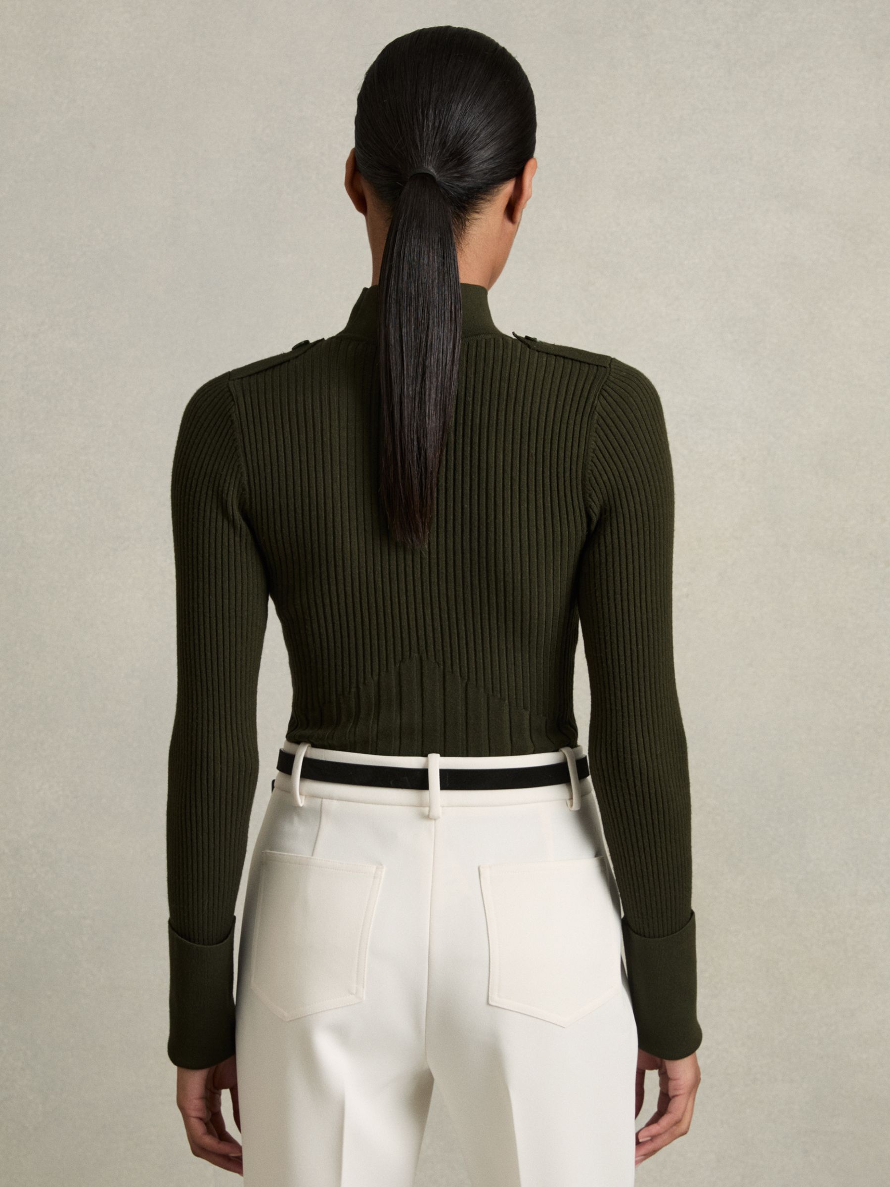 Rib-Knit High-Neck Top in Green