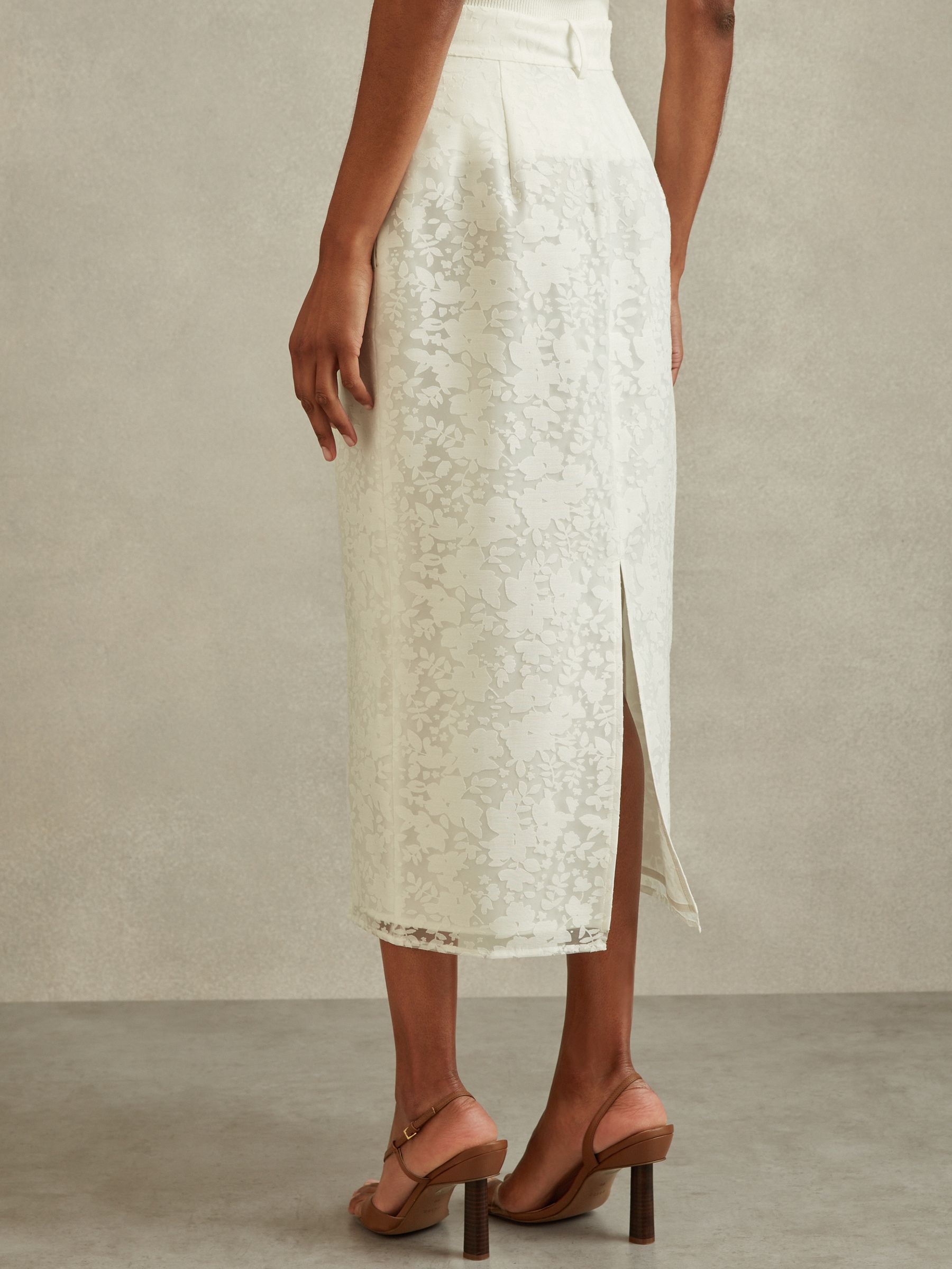 Burnout Floral Midi Skirt in Ivory