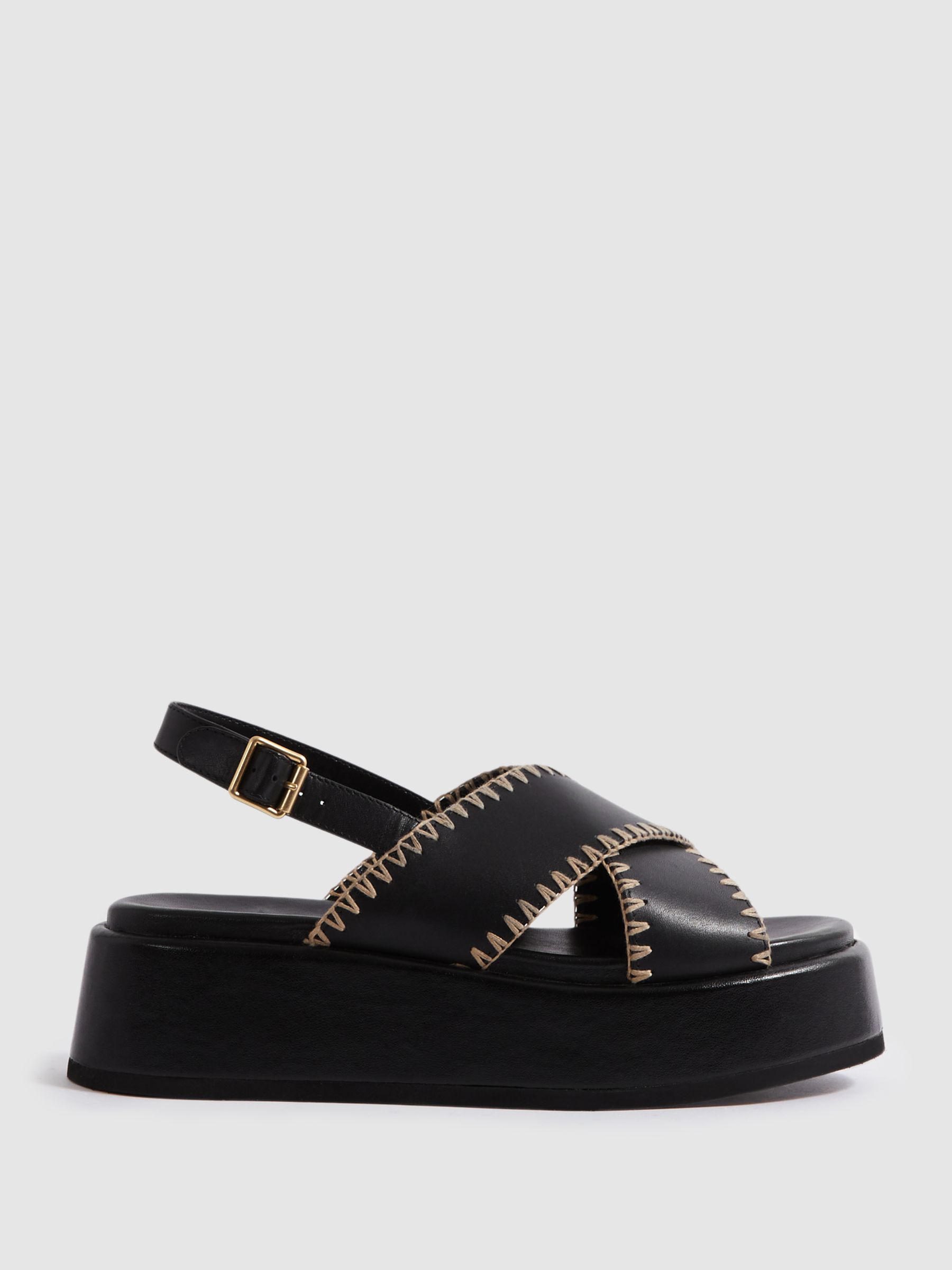 Leather Raffia Stitch Platform Sandals in Black