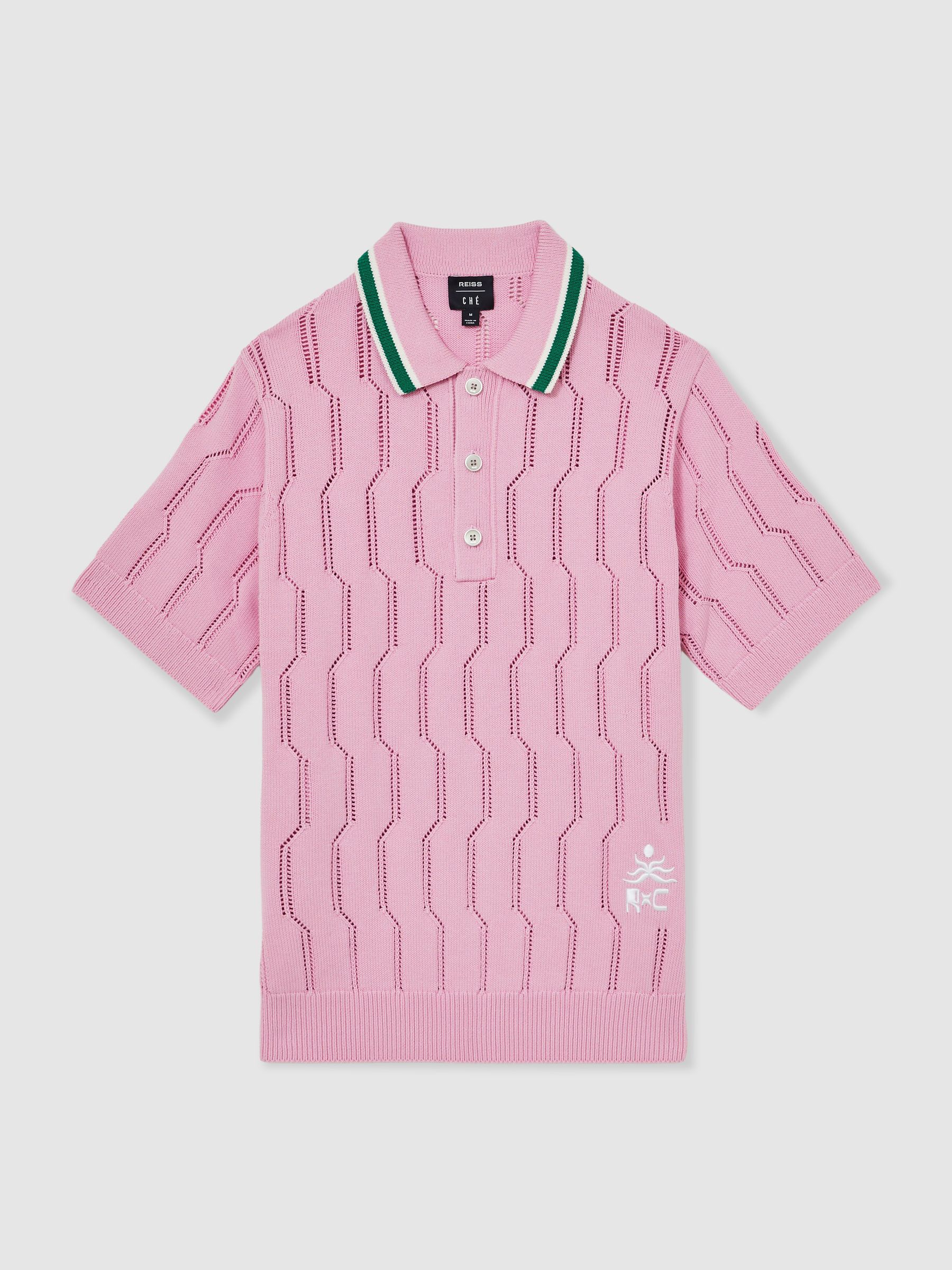 Reiss | Ché Cotton Pointelle Polo Shirt in Pink
