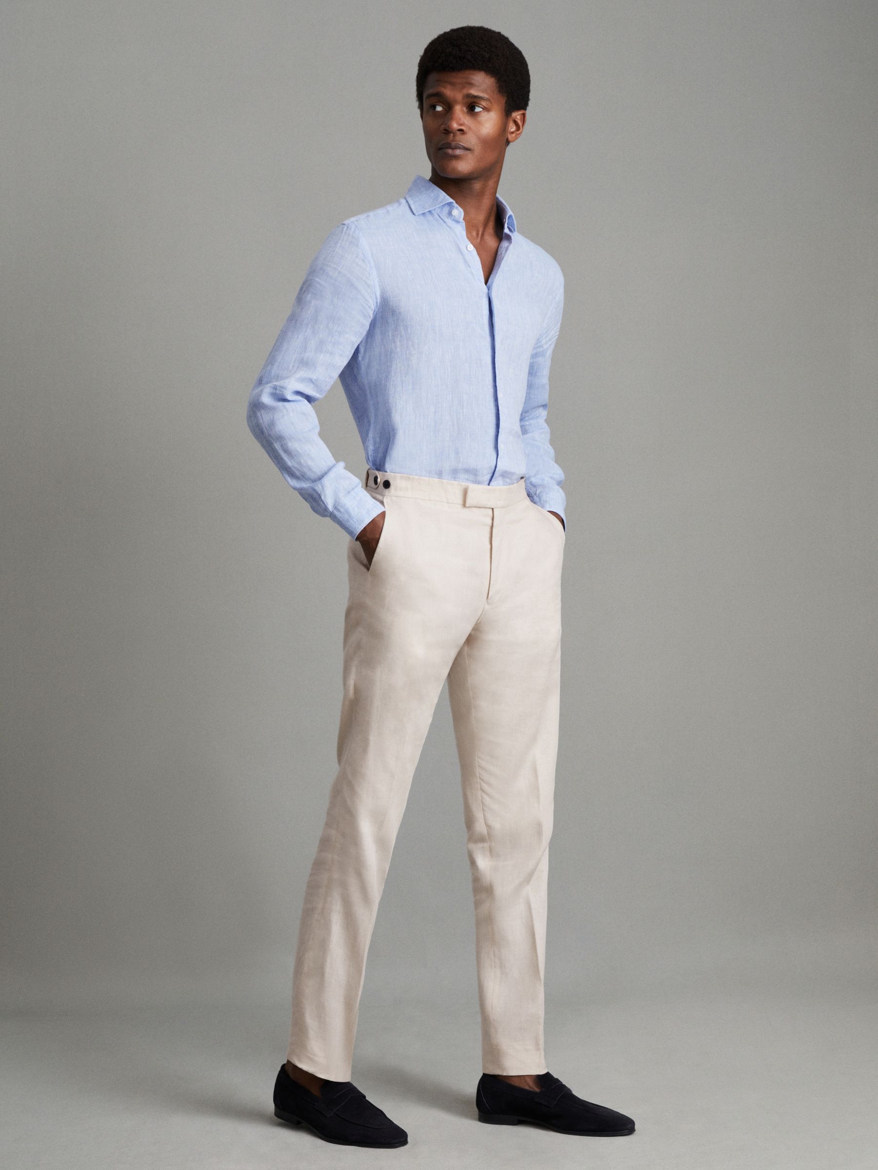 Slim Fit Linen Trousers in Stone