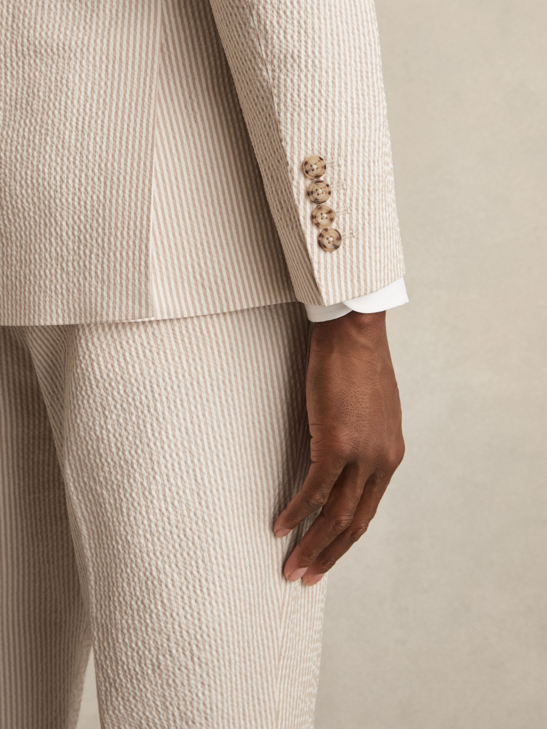 Seersucker Single-Breasted Suit Blazer Slim-Fit in Oatmeal/White