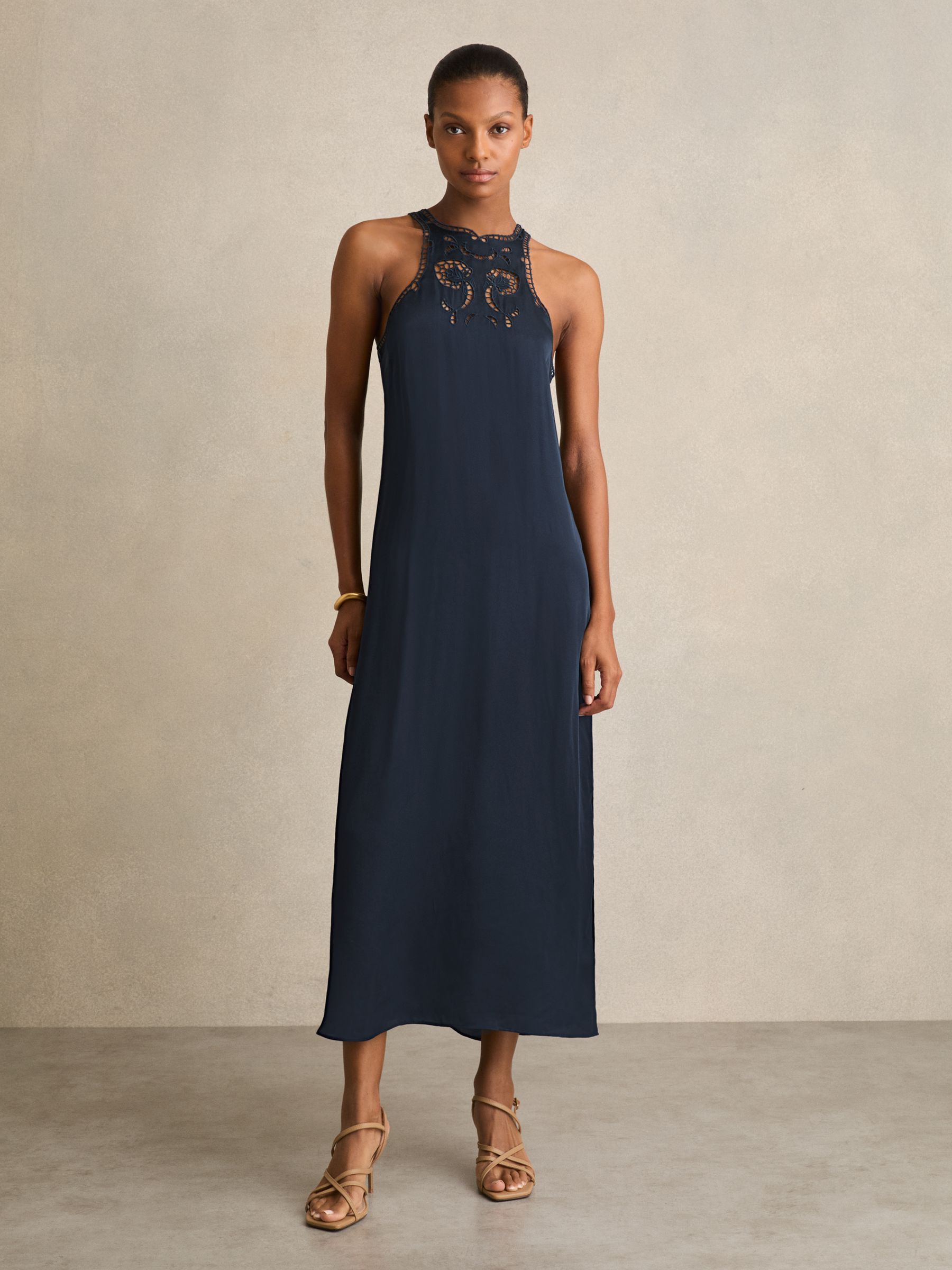 Satin Cut-Out Slip Dress in Navy