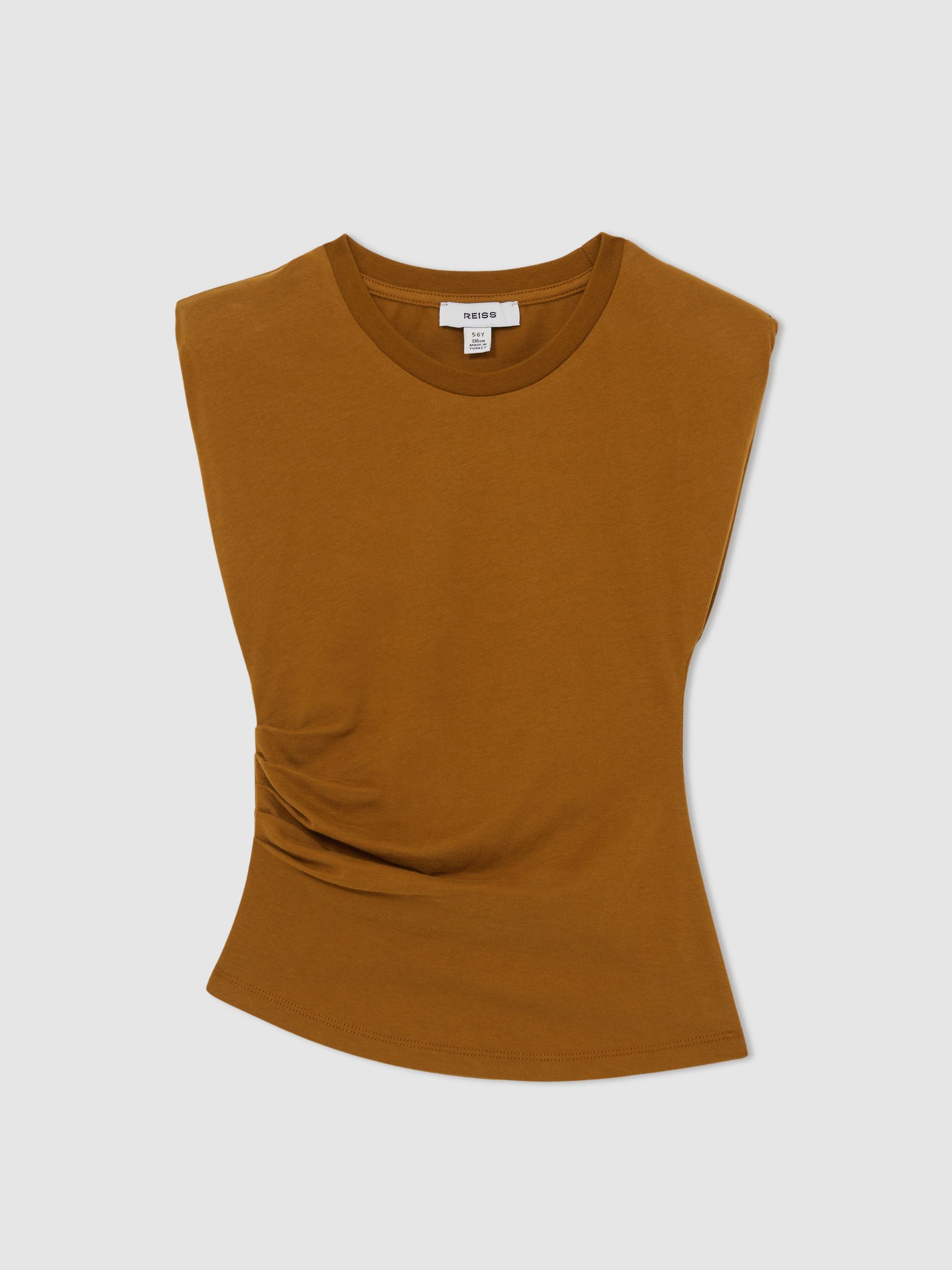 9-13 yrs Cotton-Jersey Cap-Sleeve Ruched Top in Tan