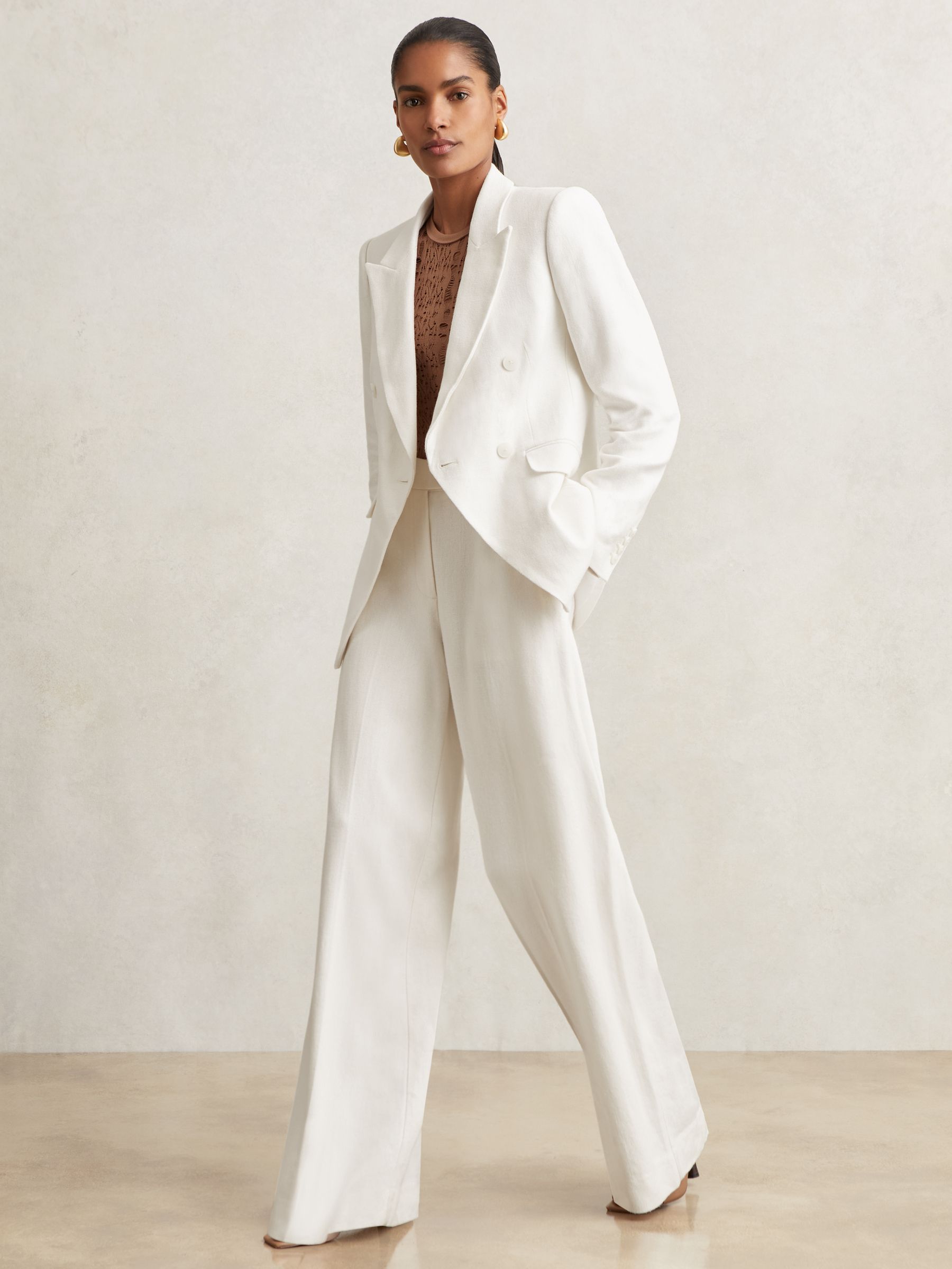Linen-Blend Double-Breasted Suit Jacket in White