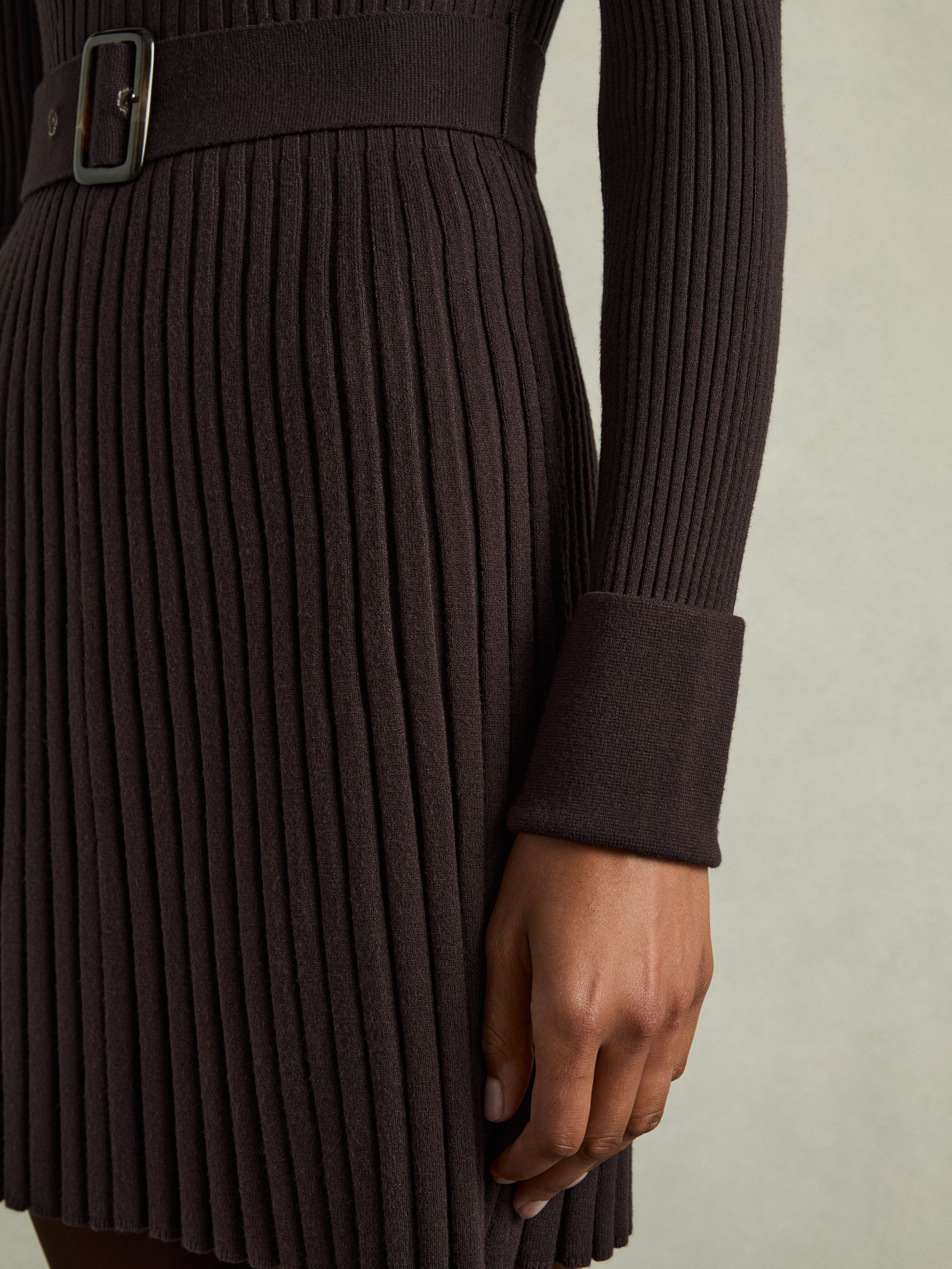 Roll-Neck Ribbed Mini Dress in Brown