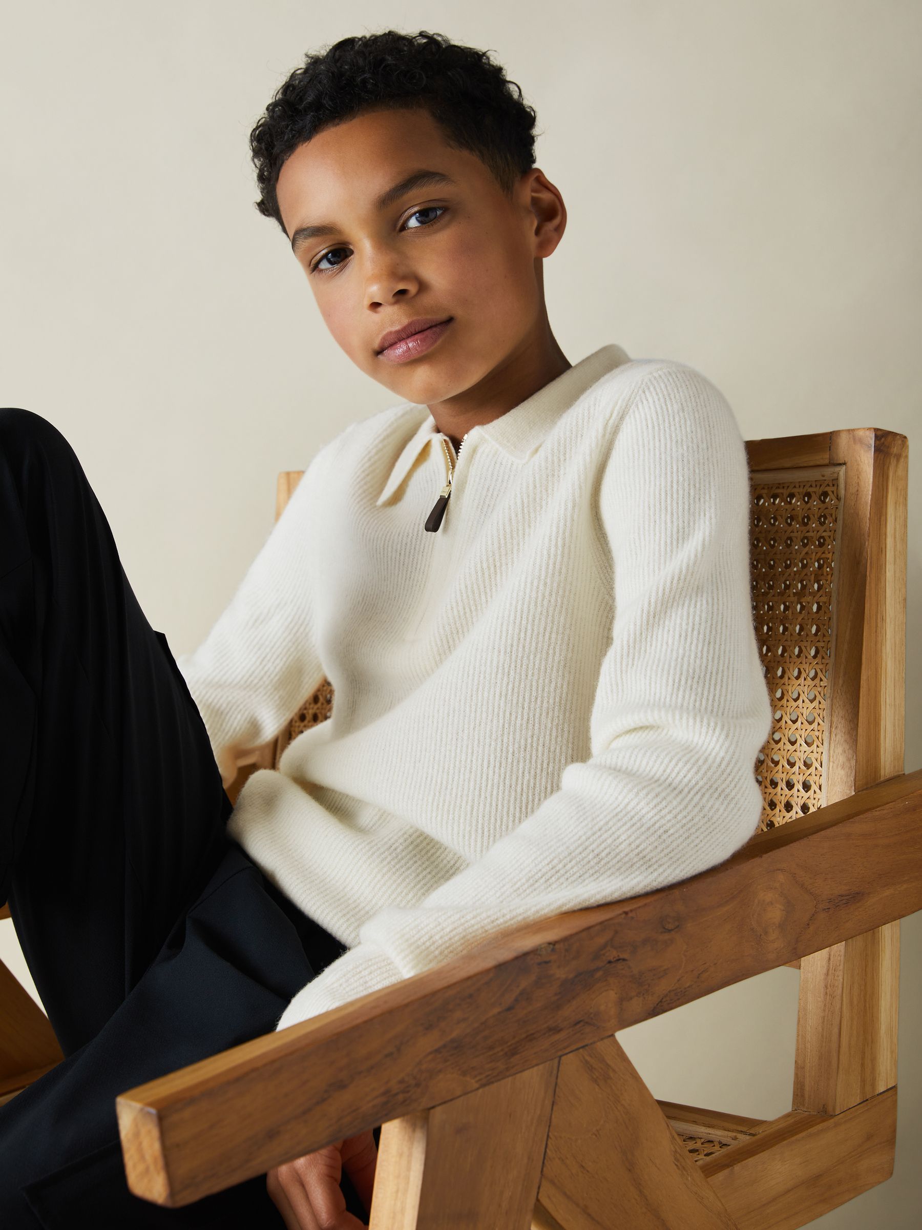 9-13 yrs Merino Wool Quarter Zip Polo Shirt in Off White