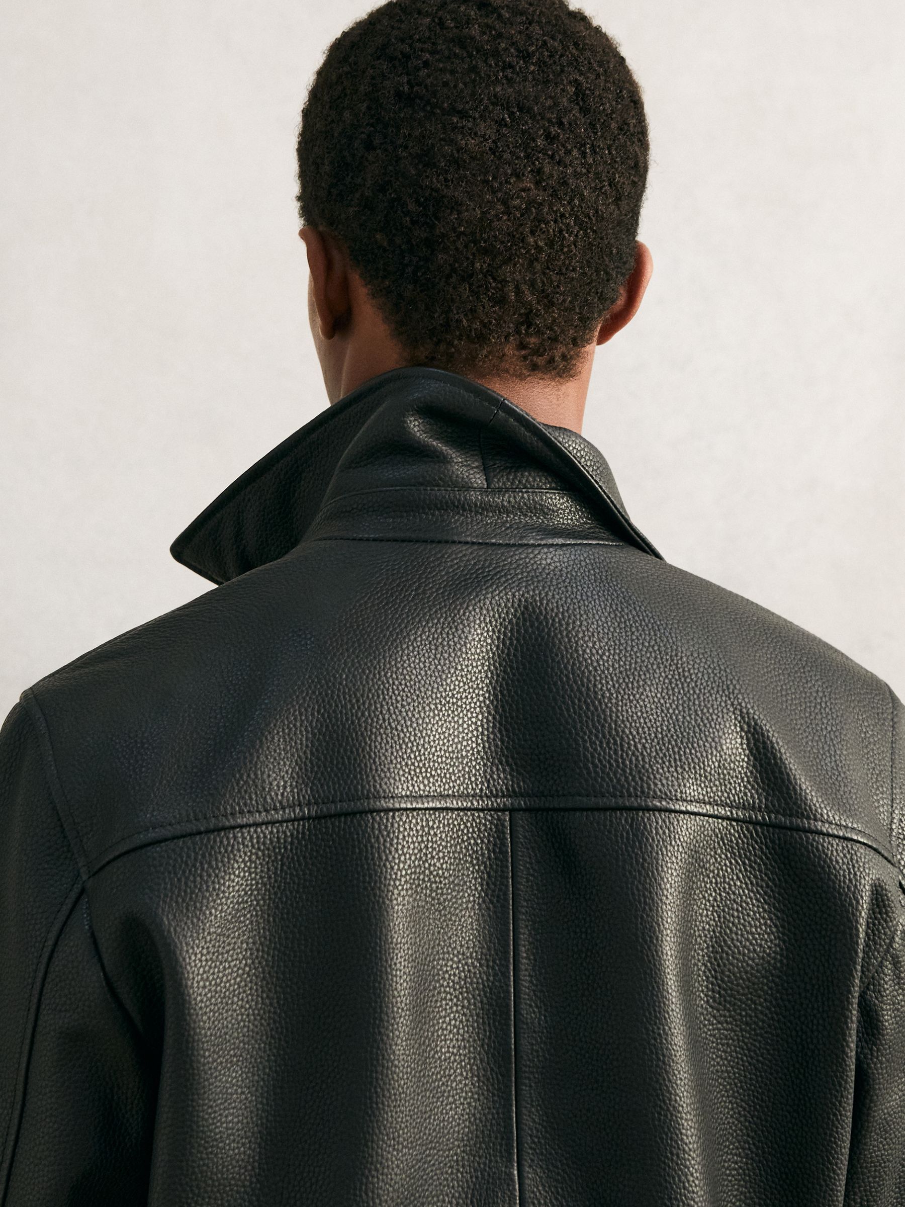 Grained Leather Zip Through Jacket in Black