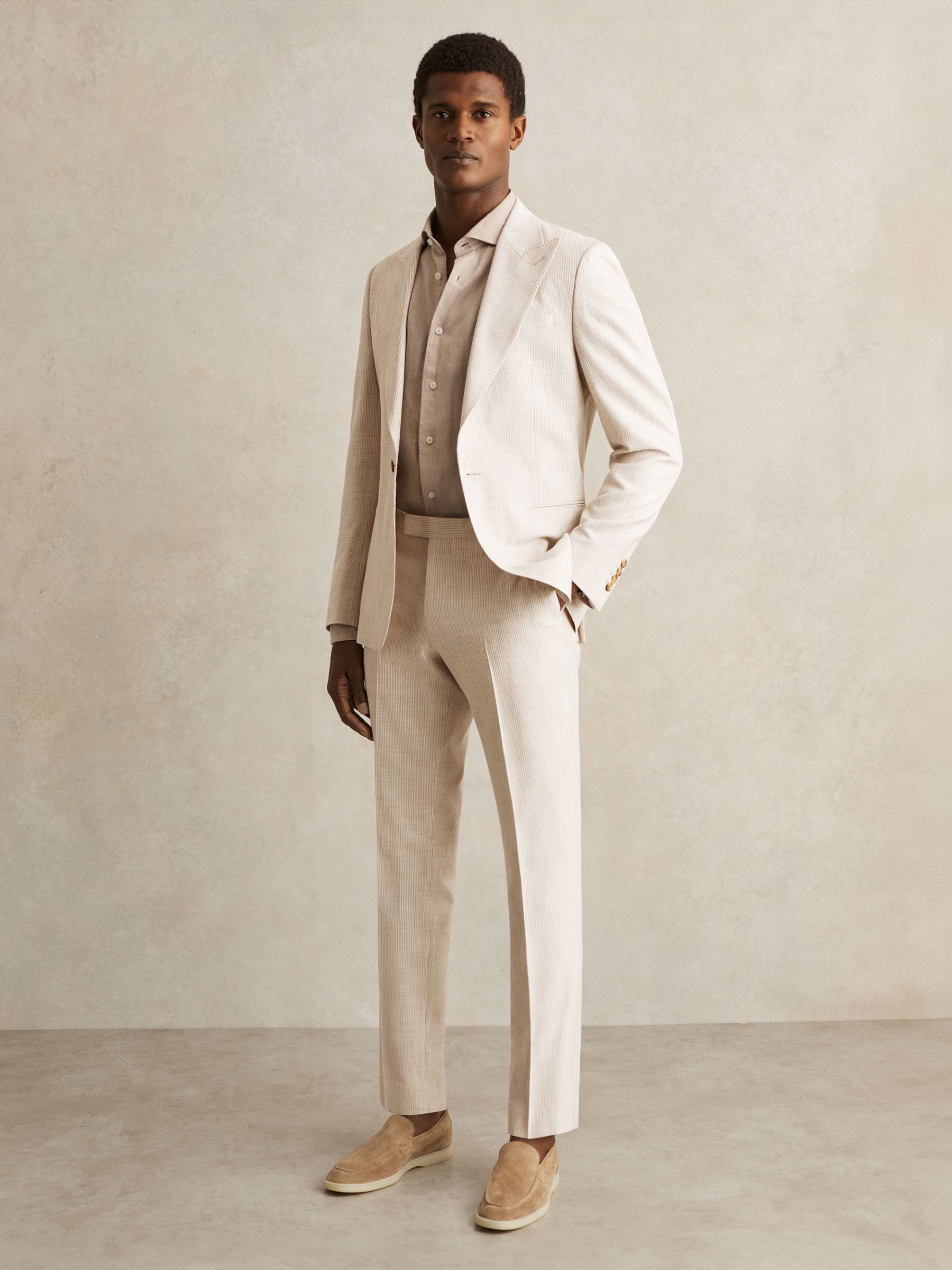 Slim-Fit Pinstripe Suit Trousers in Oatmeal/White
