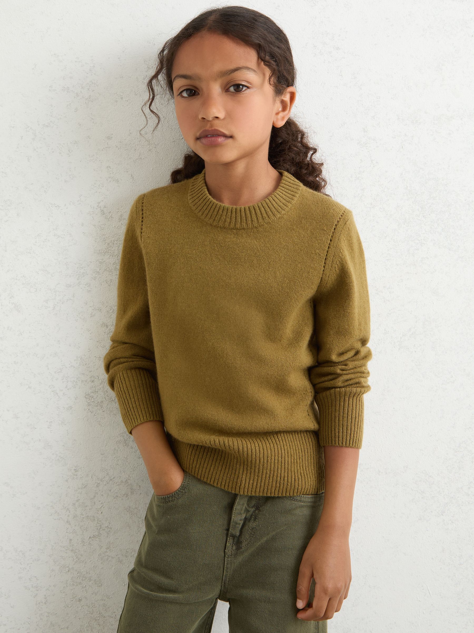 3-9 yrs Wool-Blend Open-Stitch Jumper with Cashmere in Khaki Green