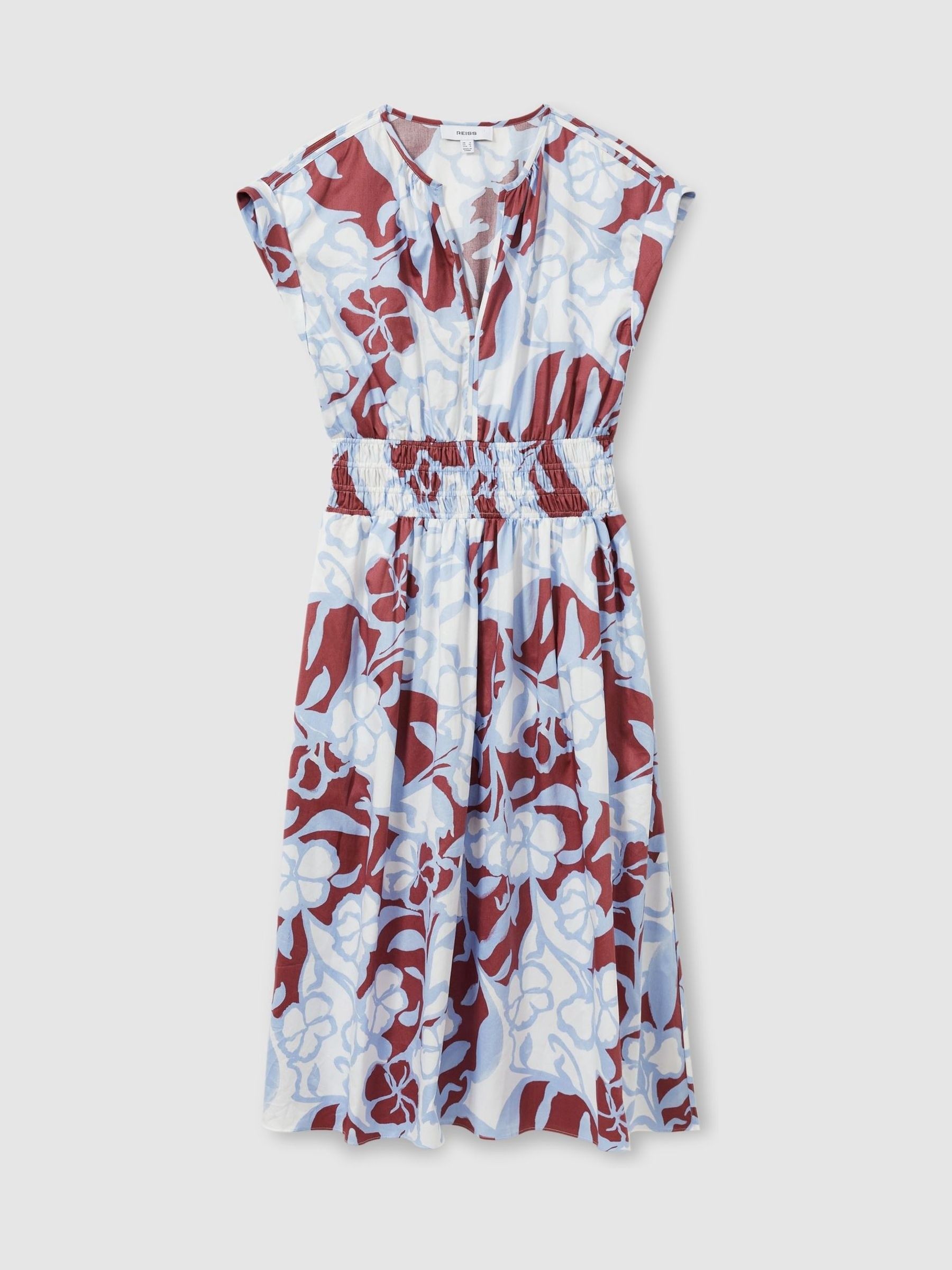 100% Cotton Poplin Floral-Print Midi Dress in Blue
