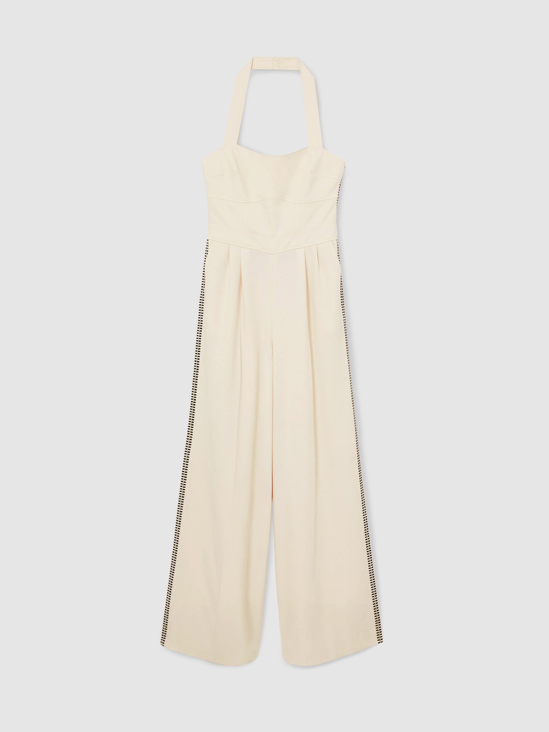Petite Embroidery Halterneck Wide-Leg Jumpsuit in Cream