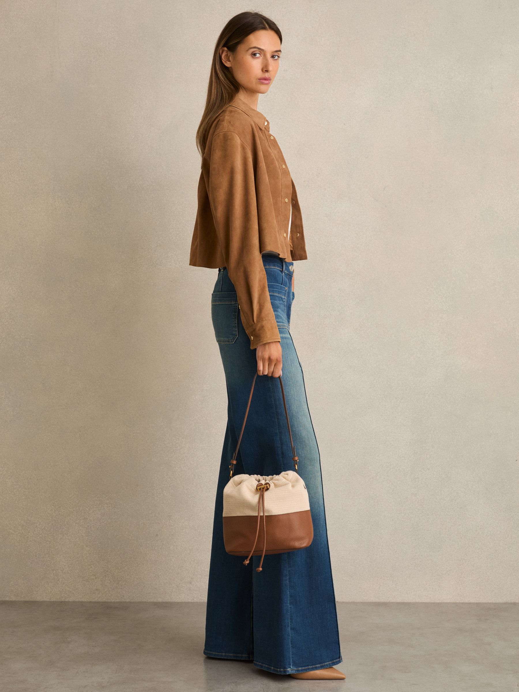 Leather And Canvas Bucket Bag in Neutral