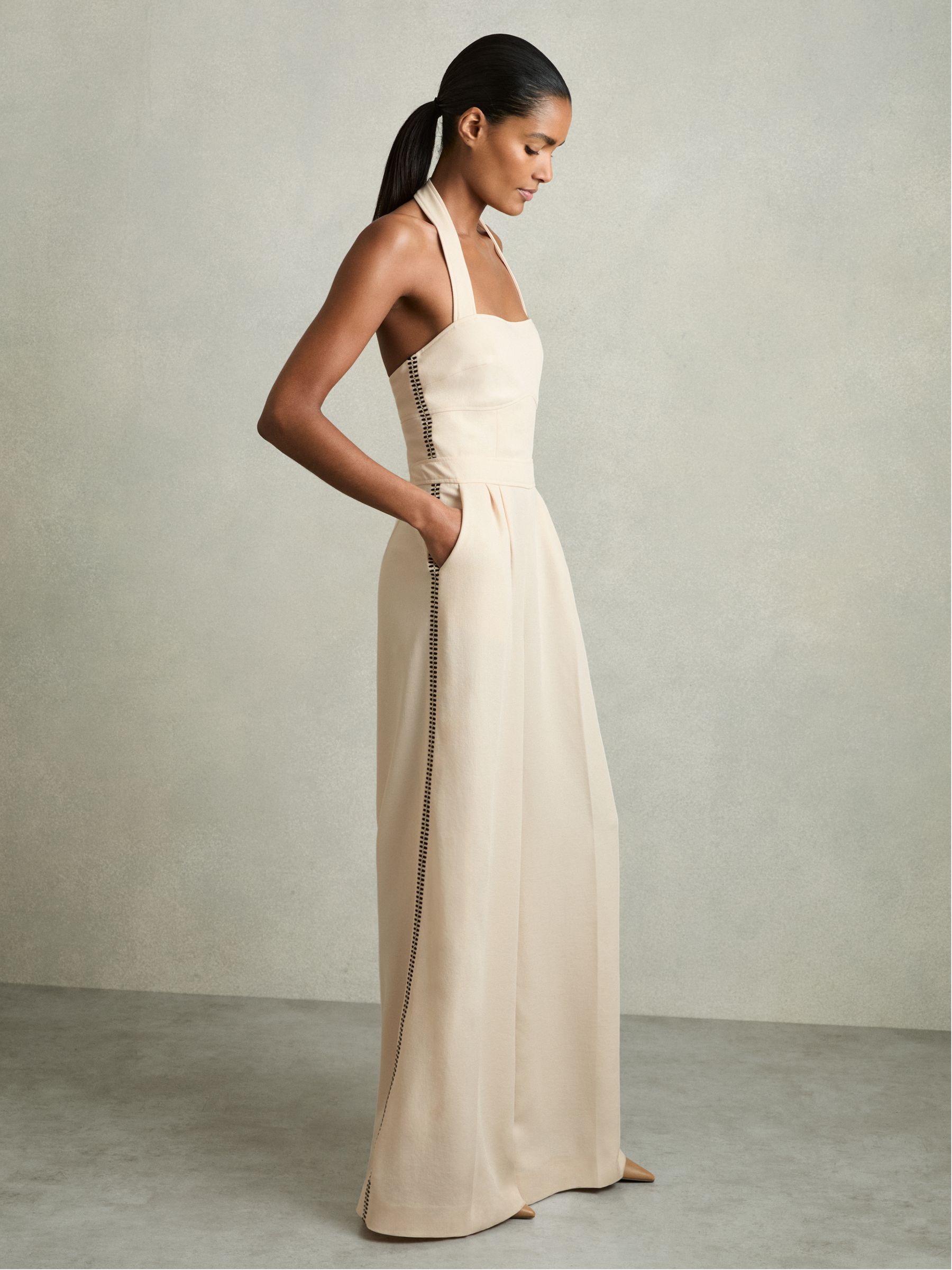 Embroidery Halterneck Wide-Leg Jumpsuit in Cream