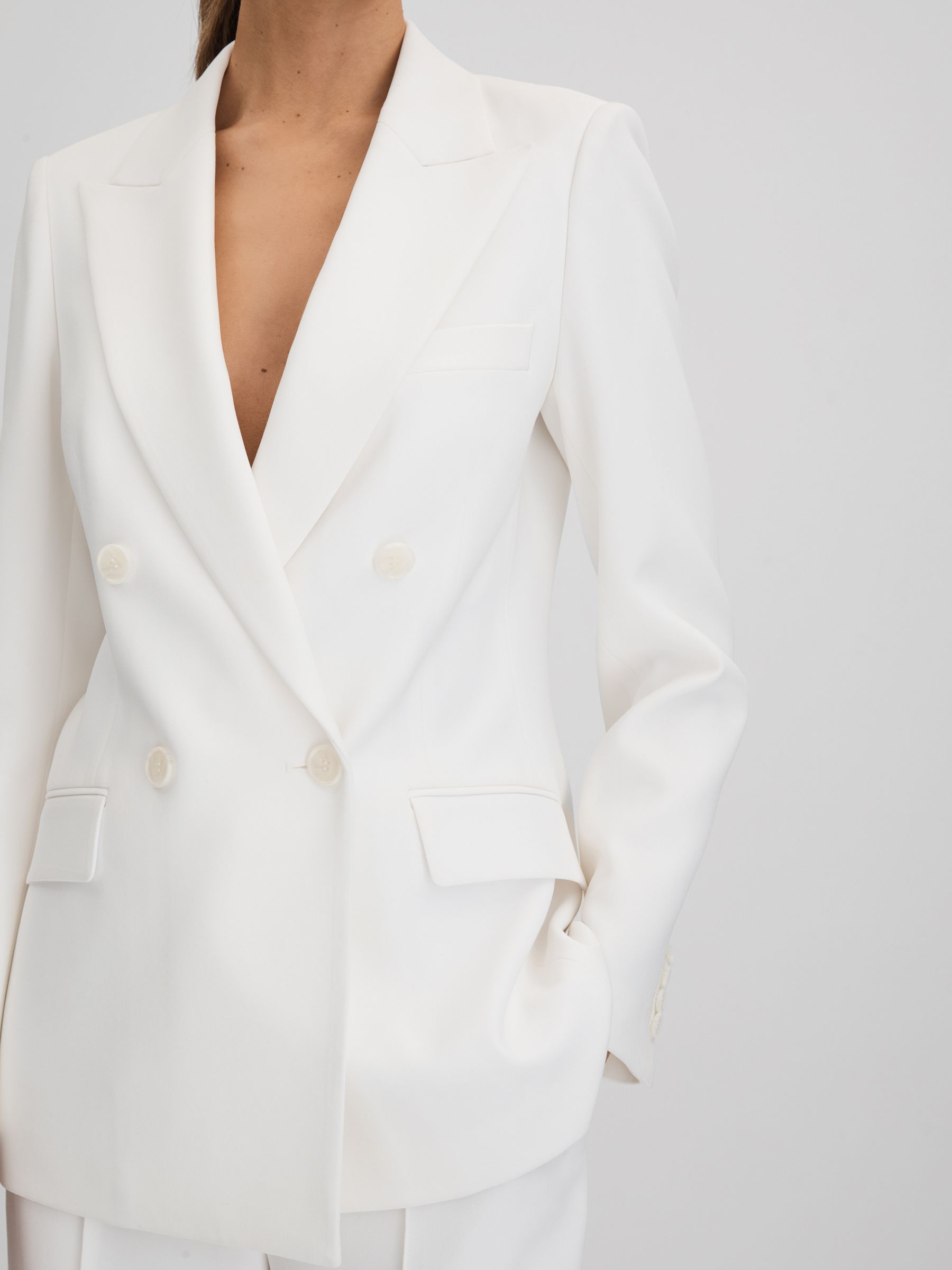 Petite Double Breasted Crepe Suit Blazer in White