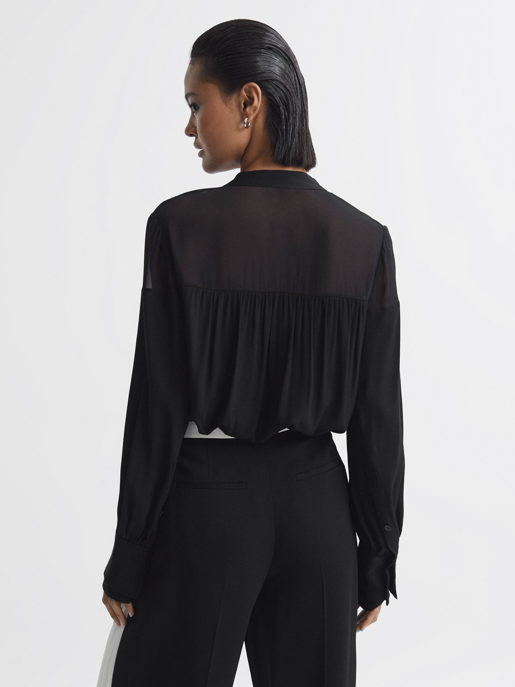 Tie Neck Semi-Sheer Blouse in Black