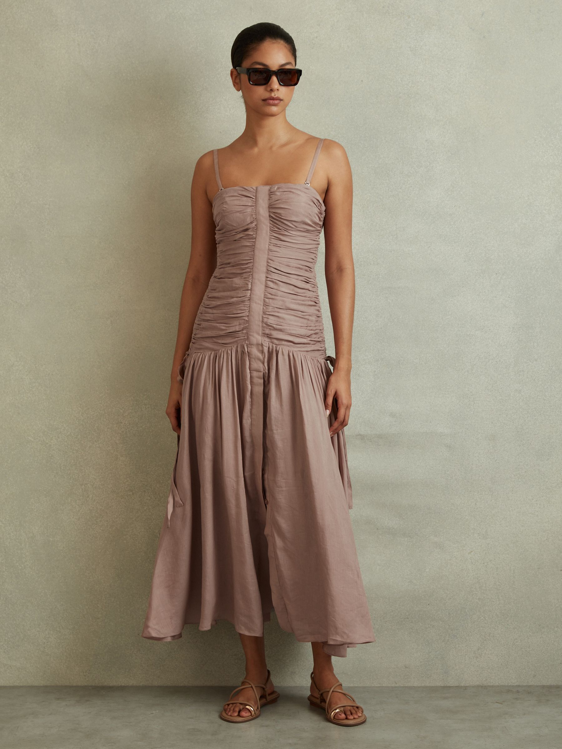 Viscose Linen Ruched Maxi Dress in Dusty Pink