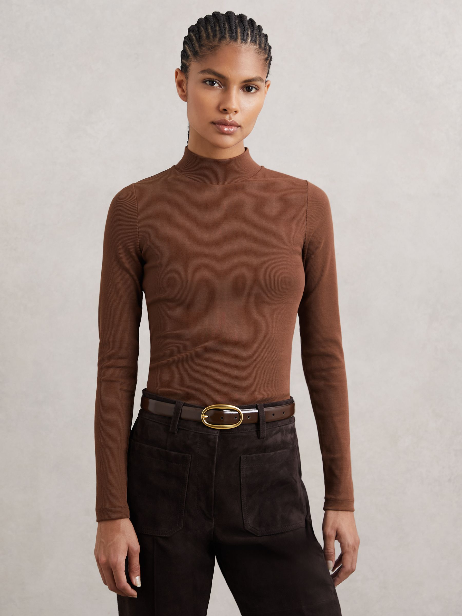 Stretch-Cotton Funnel-Neck Top in Brown