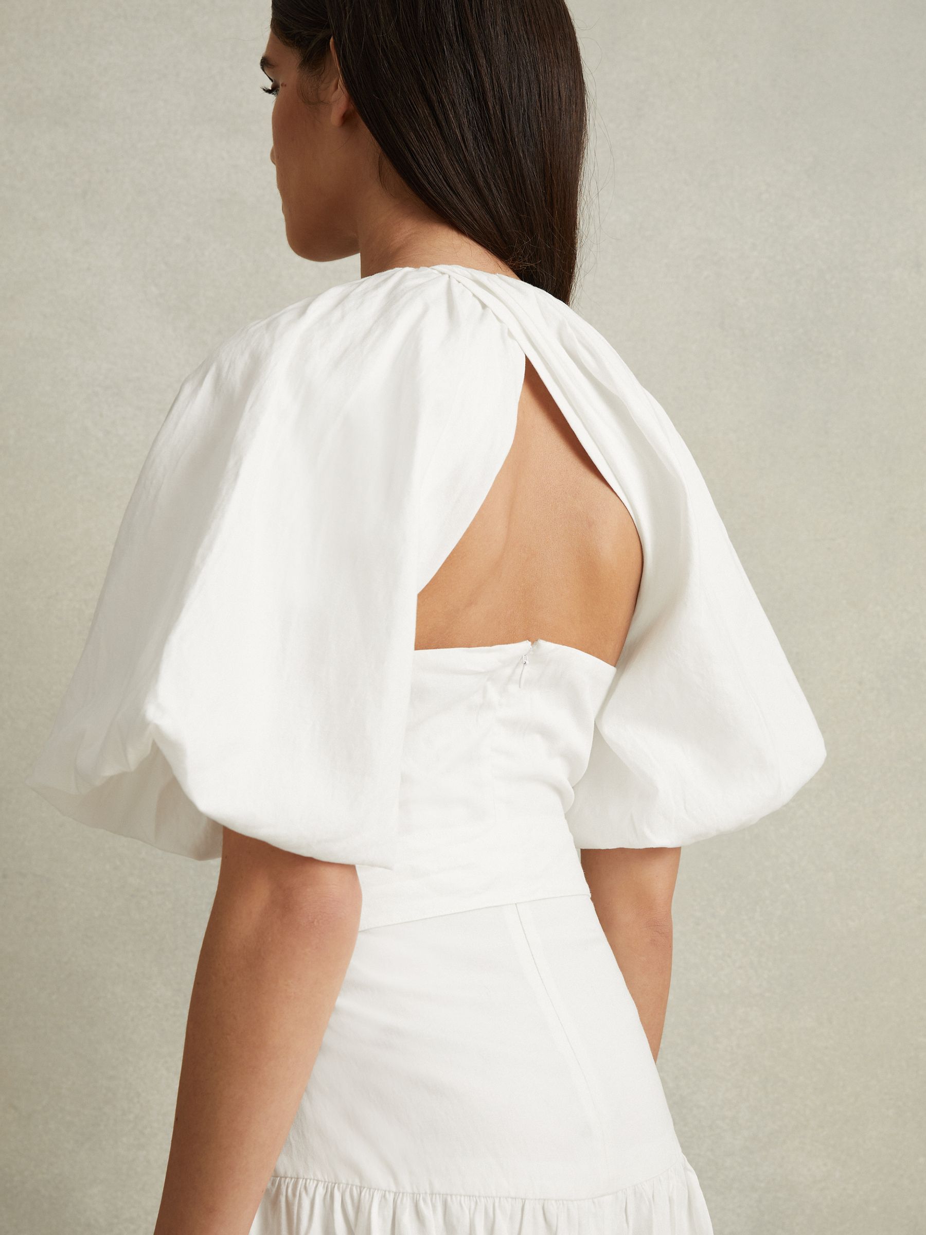 Petite Lyocell Blend Puff Sleeve Midi Dress in White