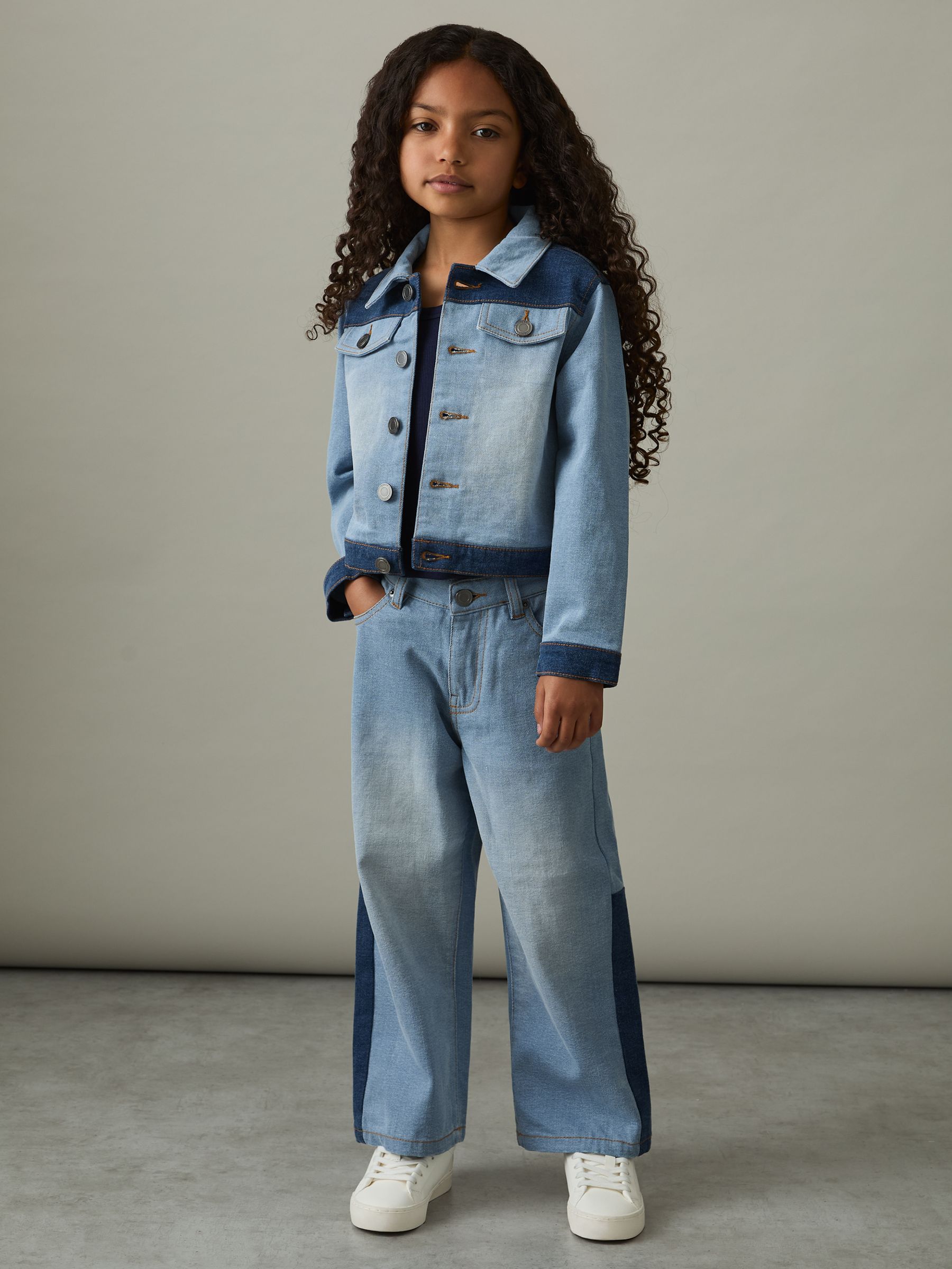 13-14 yrs Patchwork Two-Tone Denim Jacket in Blue