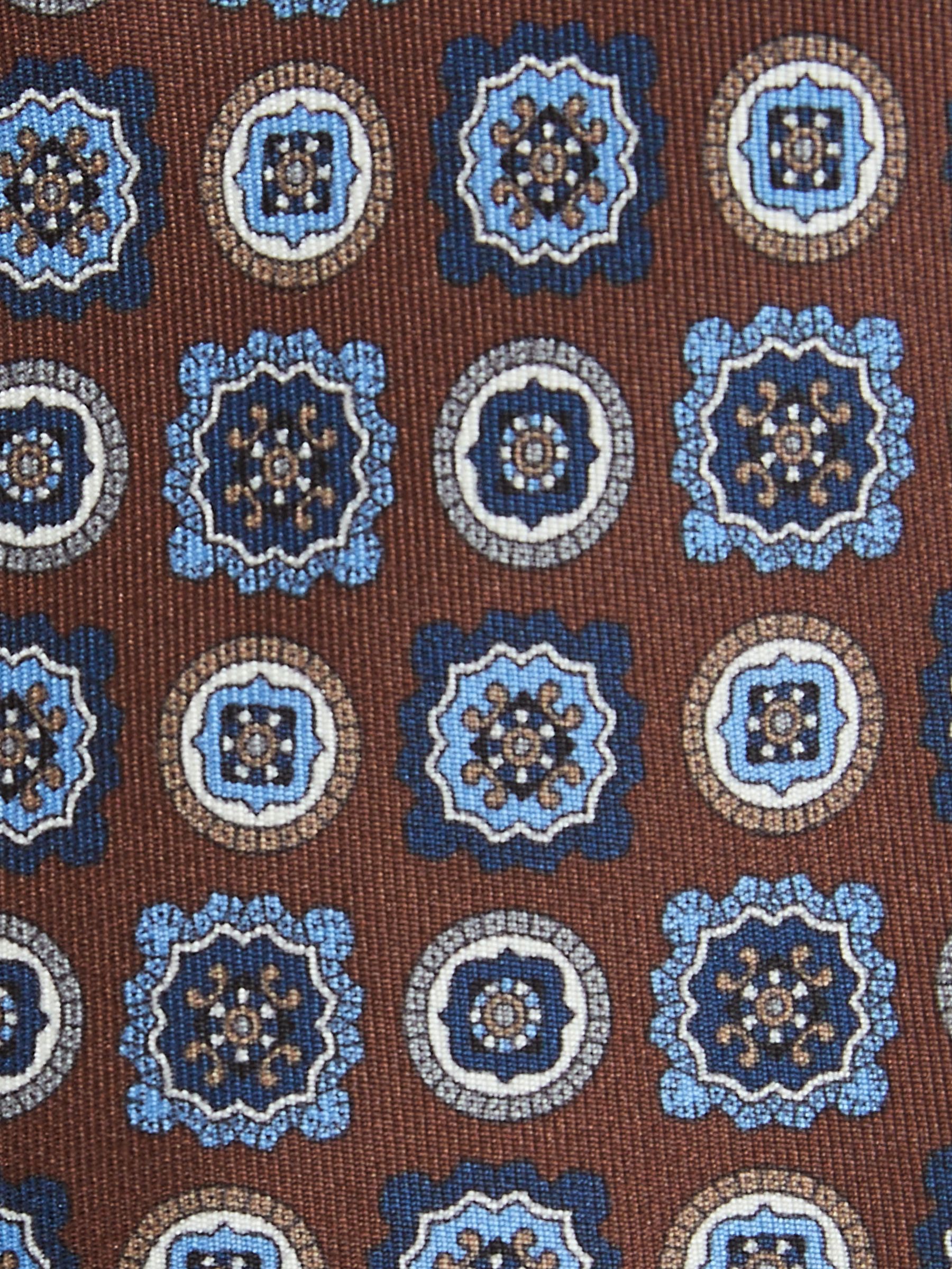 Silk Foulard Medallion Print Tie in Chocolate Brown