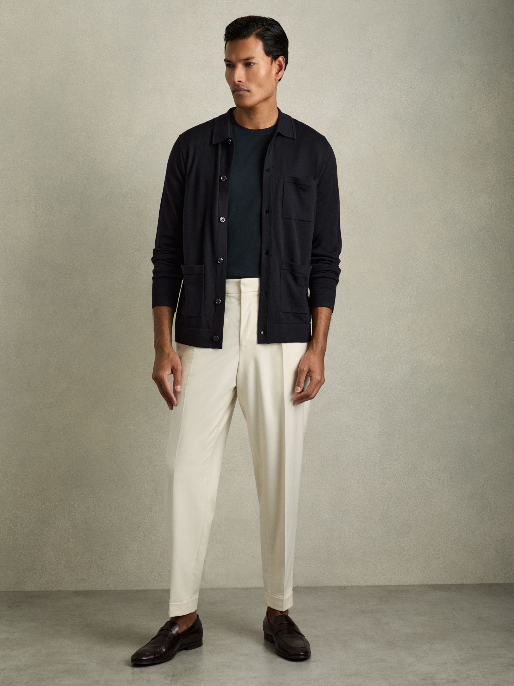 Merino Wool Button-Through Cardigan in Navy