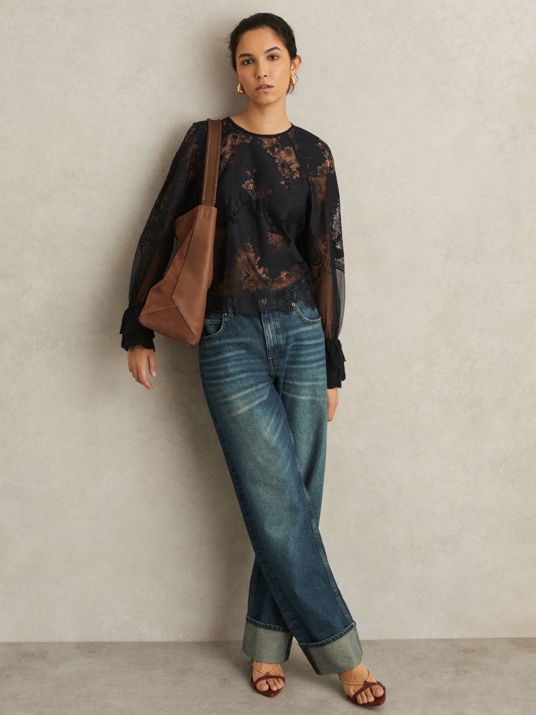 Lace Flared-Cuff Blouse in Navy