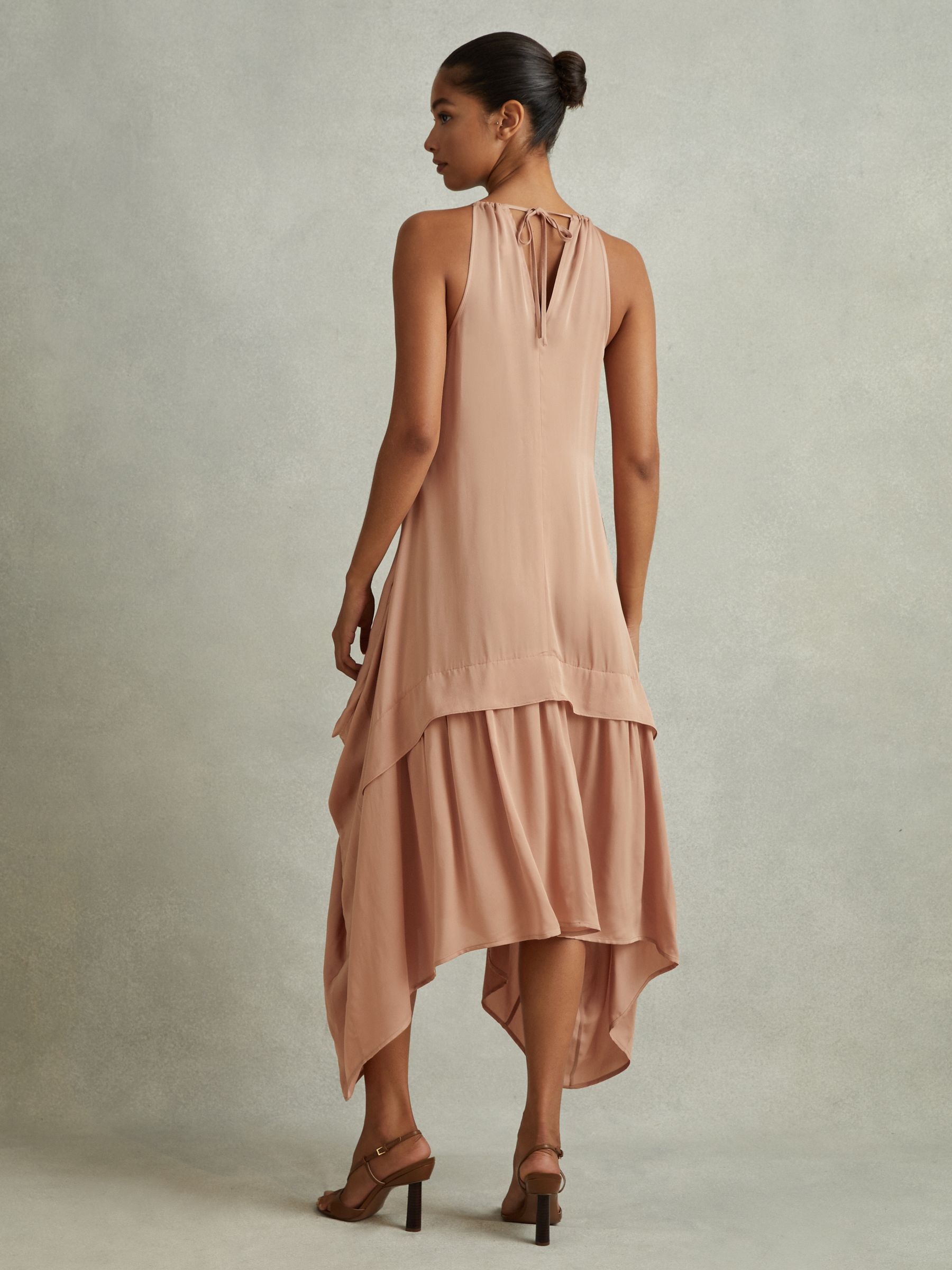 Viscose Side Pleat Asymmetric Midi Dress in Nude