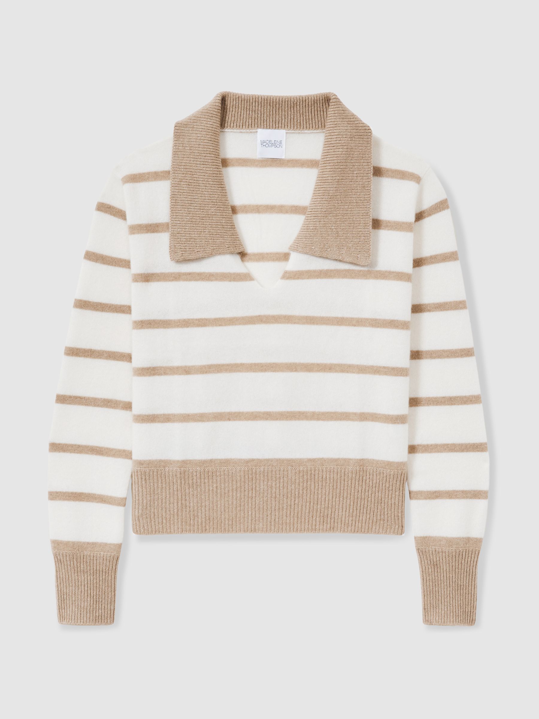 Cashmere Open Collar Striped Jumper in White/Beige