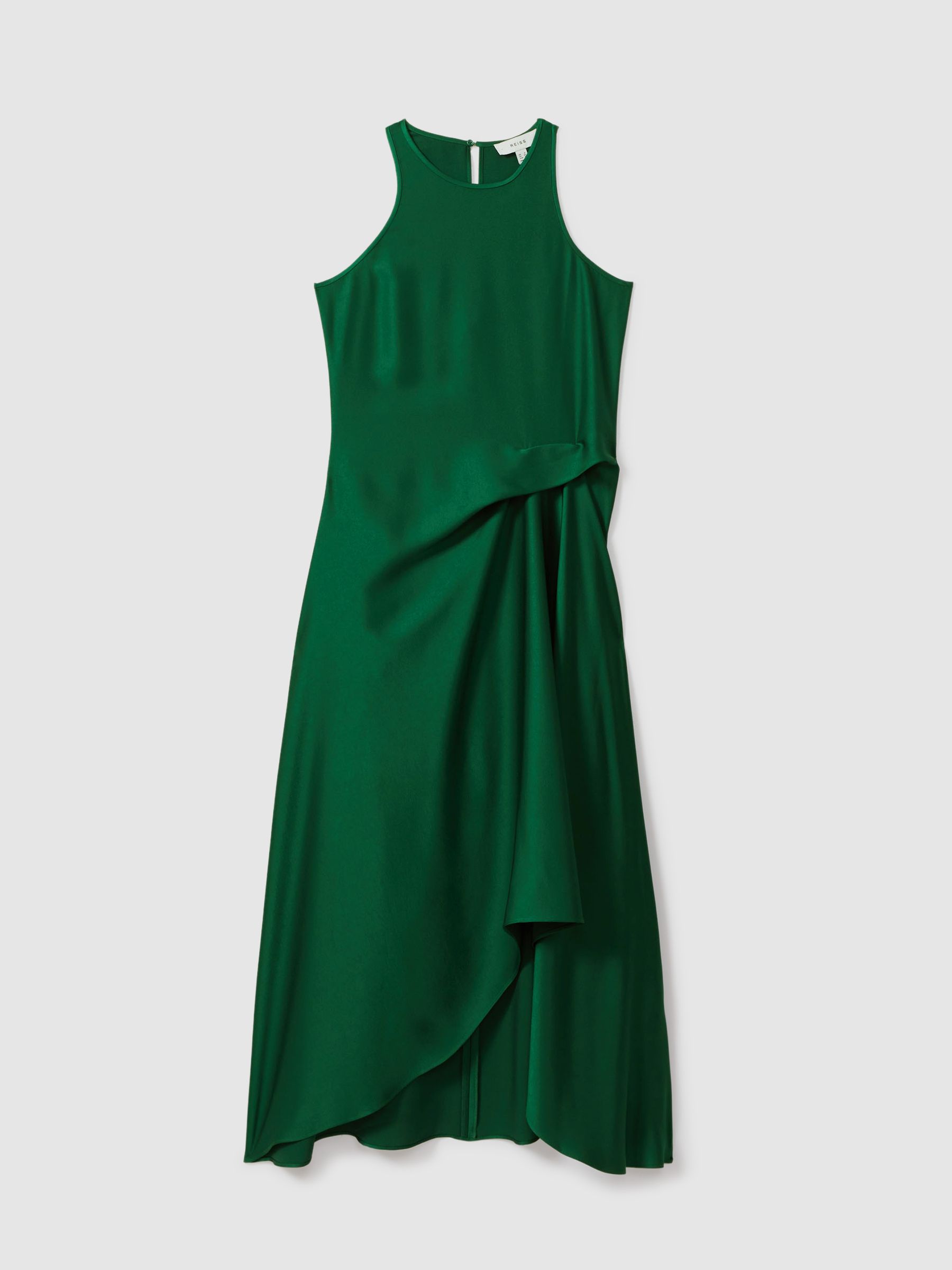 Satin Drape Tuck Midi Dress in Green