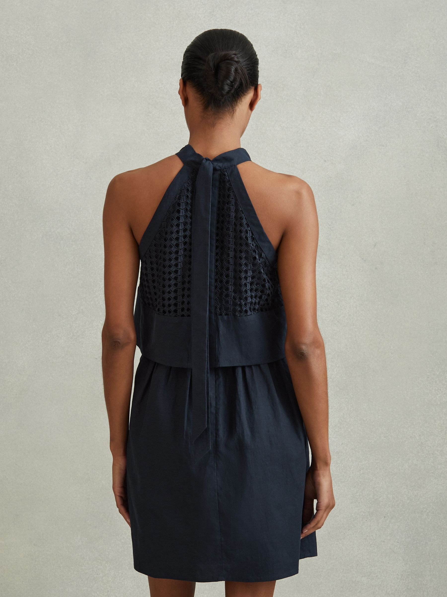 Broderie Halter Neck Mini Dress With Linen in Navy