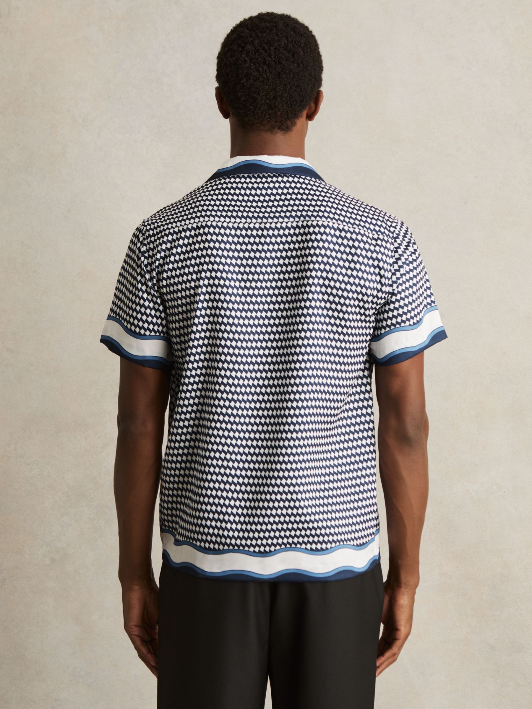 Geometric-Print Cuban-Collar Shirt in White/Navy