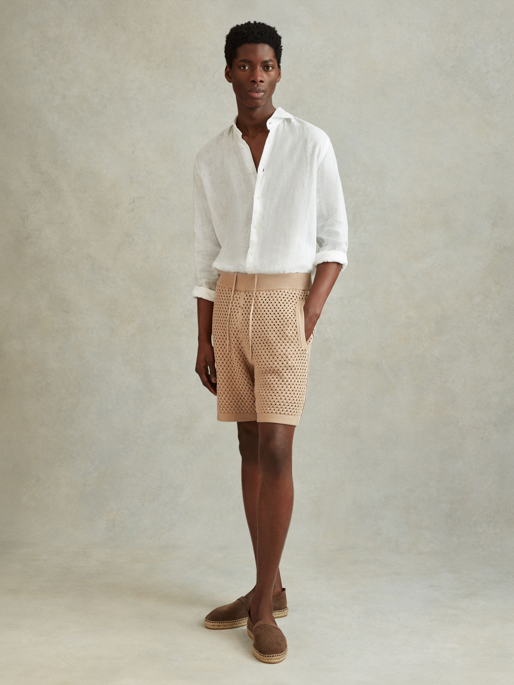 Cotton Blend Crochet Drawstring Shorts in Soft Taupe