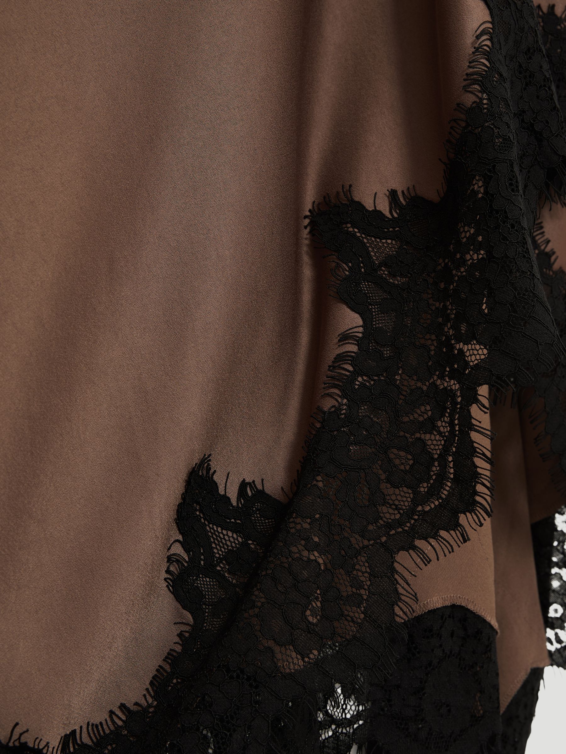 Petite Satin Drape Lace-Trim Dress in Mocha Brown