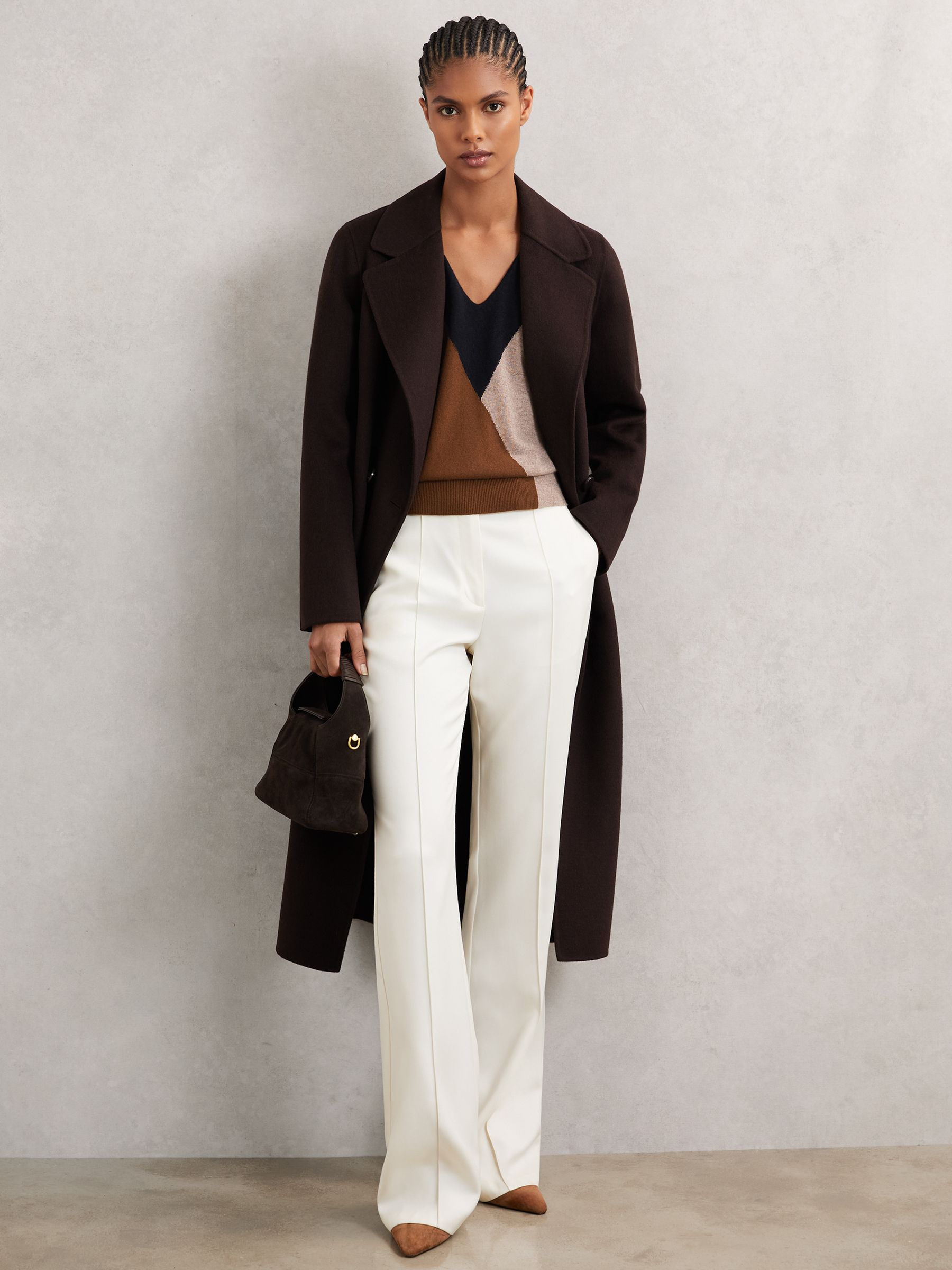 Wool-Blend Colourblock Knit Jumper with Cashmere in Toffee Brown/Navy/Neutral